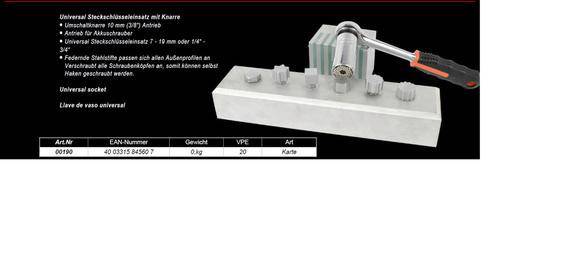'Universal Steckschlüssel 7-19 mm' mit Ratsche und Aufsätzen. Neben Artikelbeschreibung ist eine Tabelle mit Art-Nr. und Details.