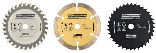 Drei Sägeblätter in verschiedenen Designs und Verwendungen, jeweils mit Markenschriftzug und technischen Spezifikationen.