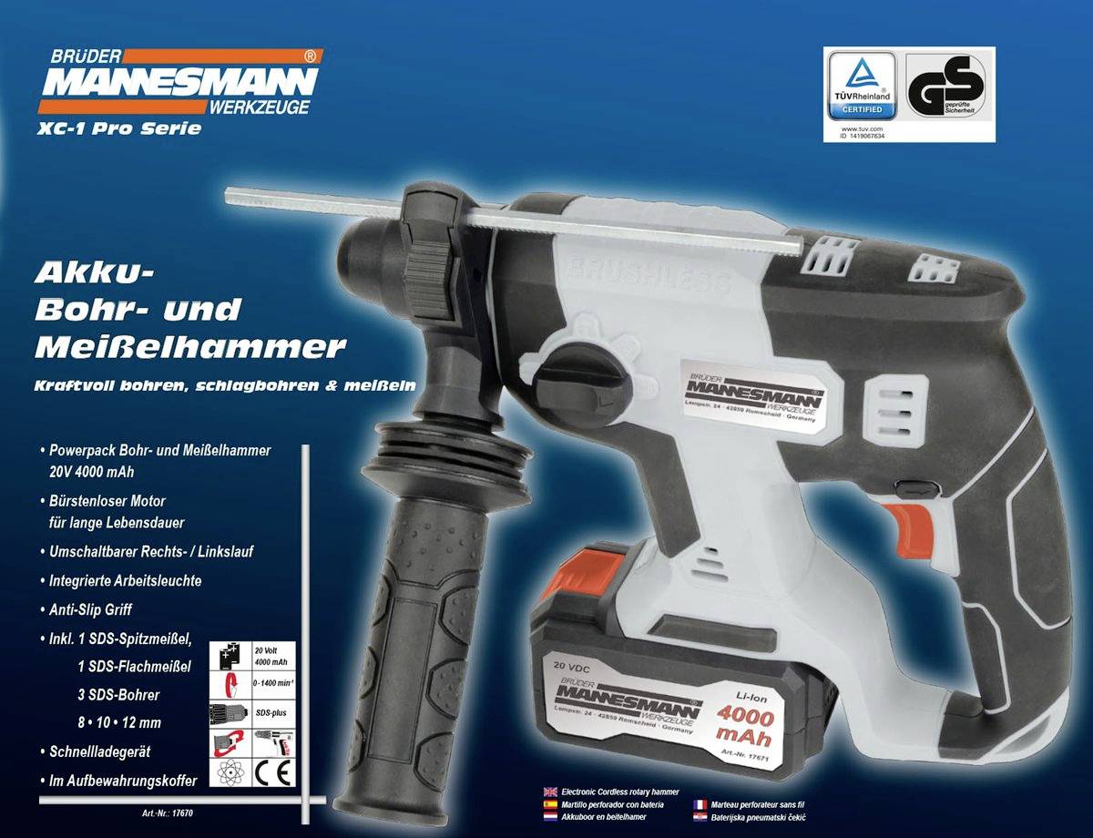 Brüder Mannesmann M17670 Akku-Bohrhammer 20V 4000 mAh