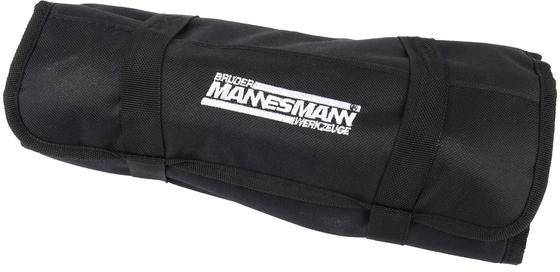 Schwarze Werkzeugtasche mit dem weißen Logo 'Brüder Mannesmann Werkzeuge' auf der Vorderseite, zusammengerollt und mit Riemen gesichert.