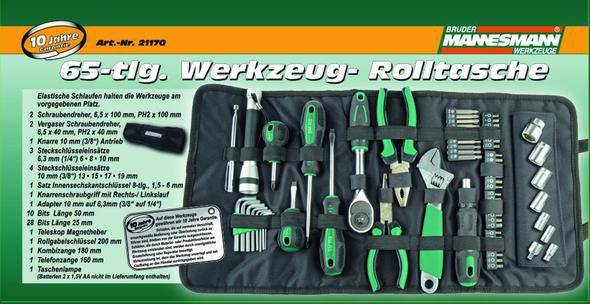 '65-tlg. Werkzeug-Rolltasche' mit Schraubendrehern, Steckschlüsseln, Ratsche und mehr. Artikelnummer 21170, 10 Jahre Garantie.