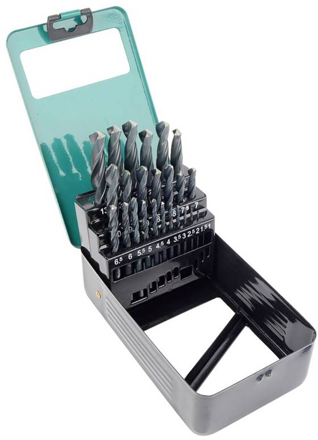 Ein Bohrer-Set mit 19 verschiedenen Metallbohrern in einem offenen, grünen Kunststoffetui. Größen von 1 mm bis 10 mm sind angezeigt.