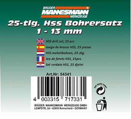 Etikett eines HSS-Bohrersatzes 1-13 mm, 25-teilig, mit Übersetzungen in mehreren Sprachen und Barcode.