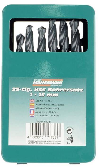 '25-tlg. HSS Bohrersatz, 1–13 mm' steht auf der Verpackung eines grünen Bohrersets mit 25 schwarz glänzenden Bohrern unterschiedlicher Größe.