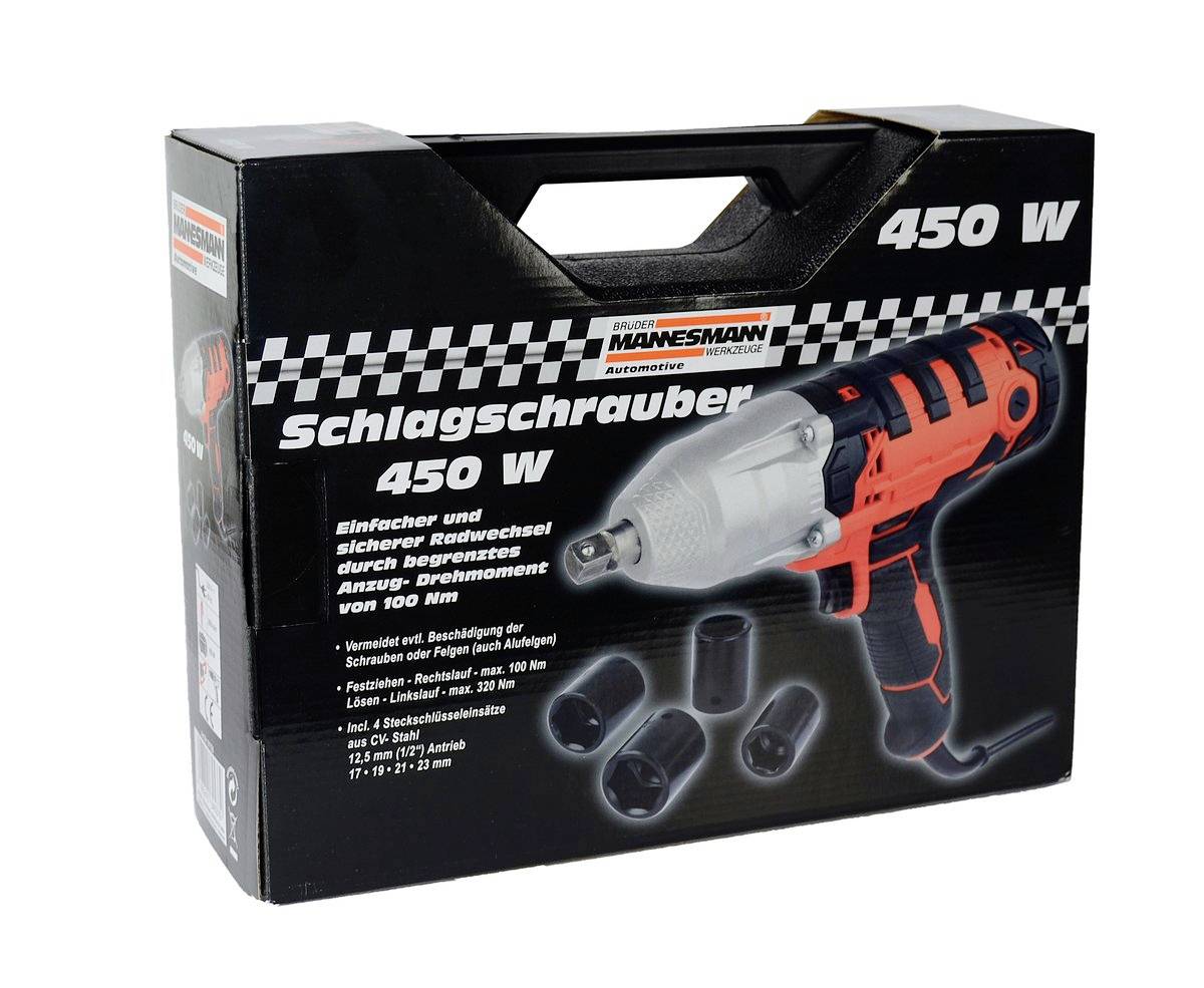 Eine Verpackung eines 450 W Elektroschlagschraubers mit Zubehör. Hauptfarbe schwarz mit roten und weißen Details.