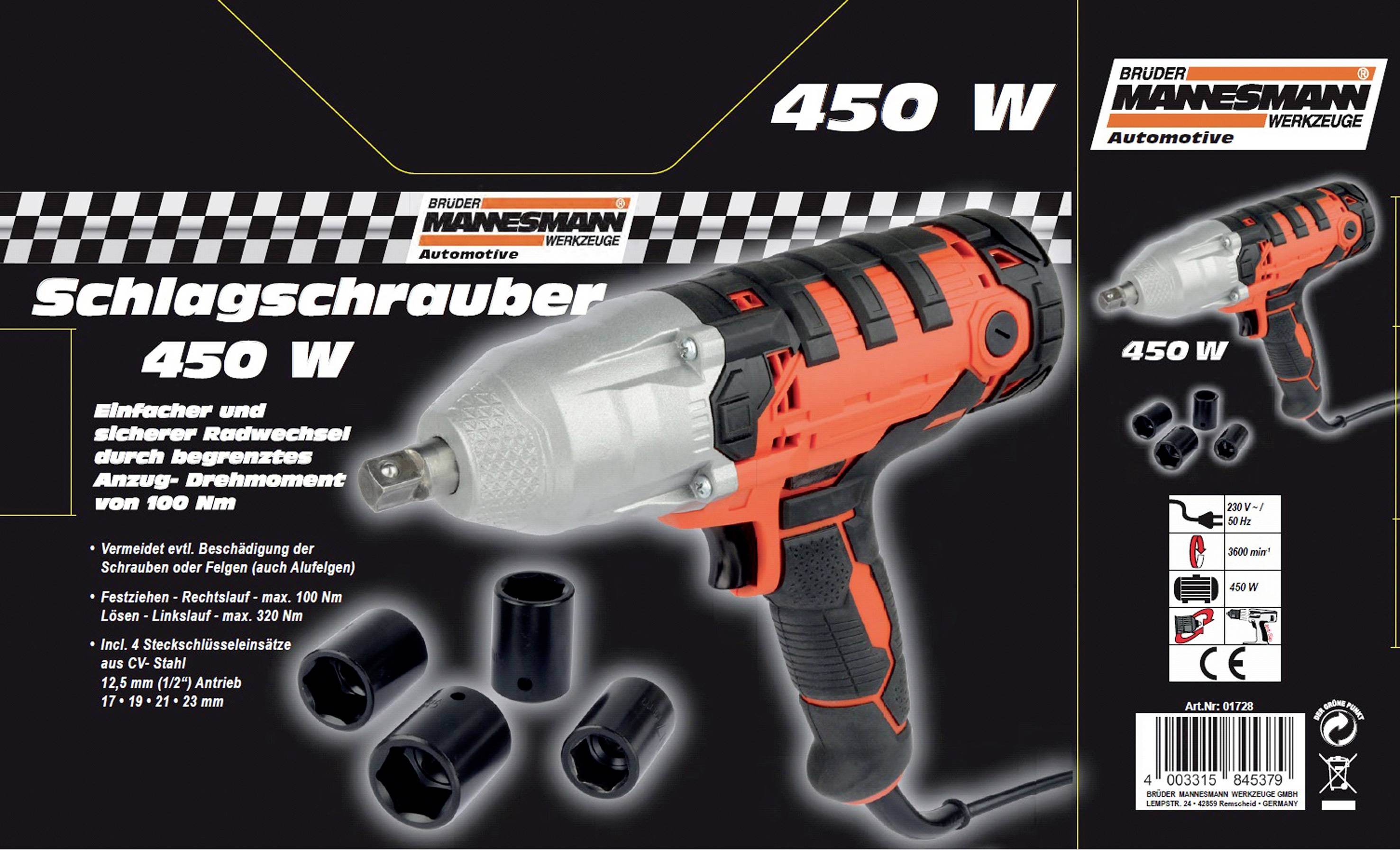 'Schlagschrauber 450 W' in großer Schrift. Bild eines Schlagschraubers mit Zubehör. Text beschreibt Funktionen und technische Details.