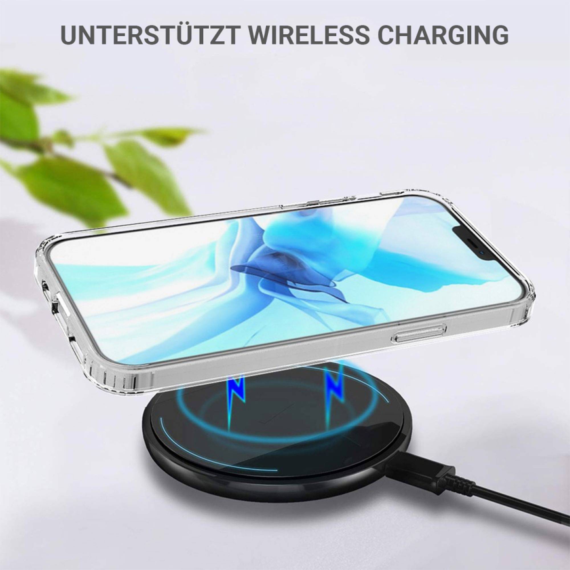 Smartphone auf kabelloser Ladestation mit Bildschirmanzeige. Text oben: 'Unterstützt Wireless Charging'.