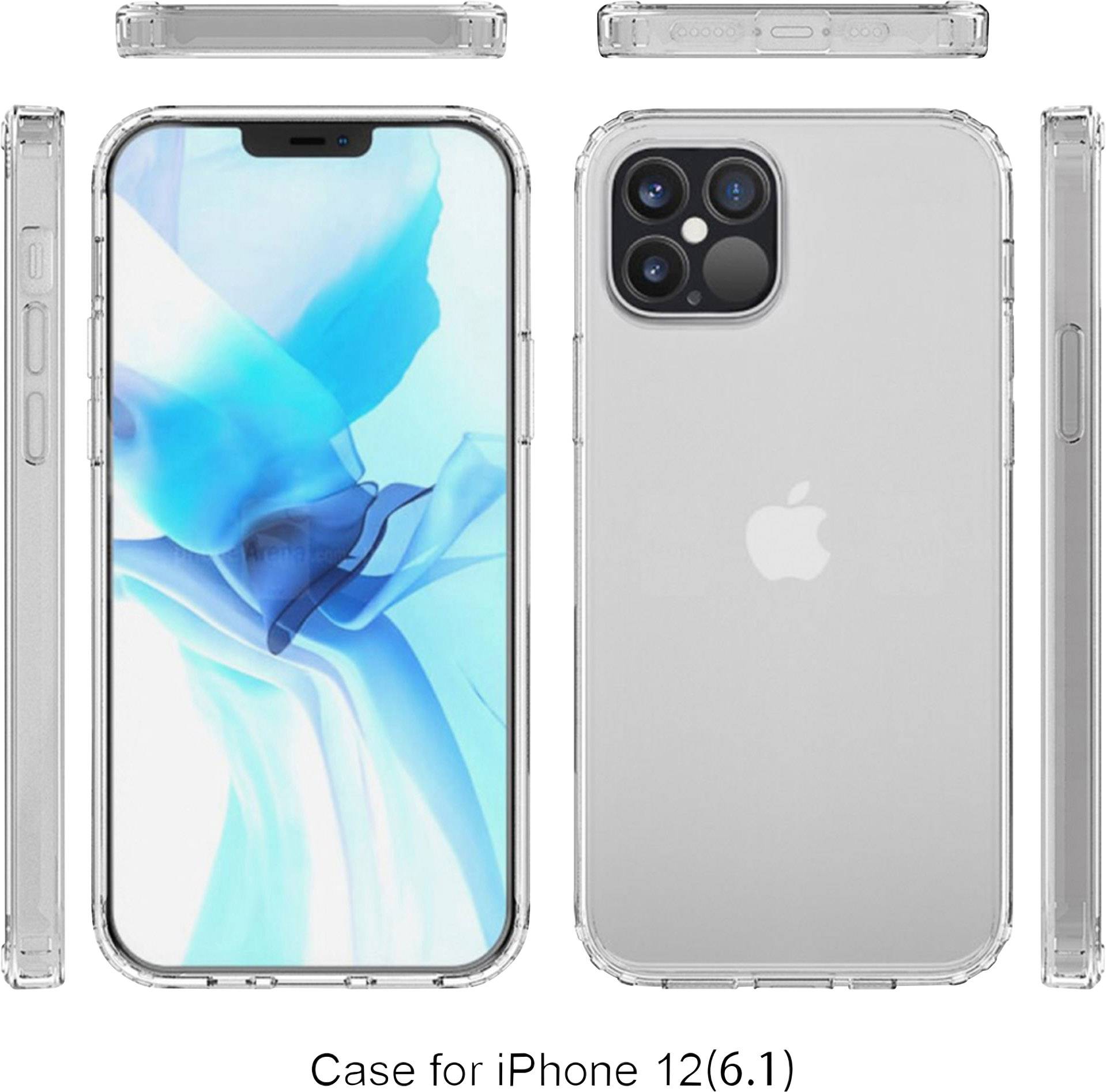 Durchsichtige Handyhülle für iPhone 12 (6,1 Zoll) aus verschiedenen Blickwinkeln dargestellt.