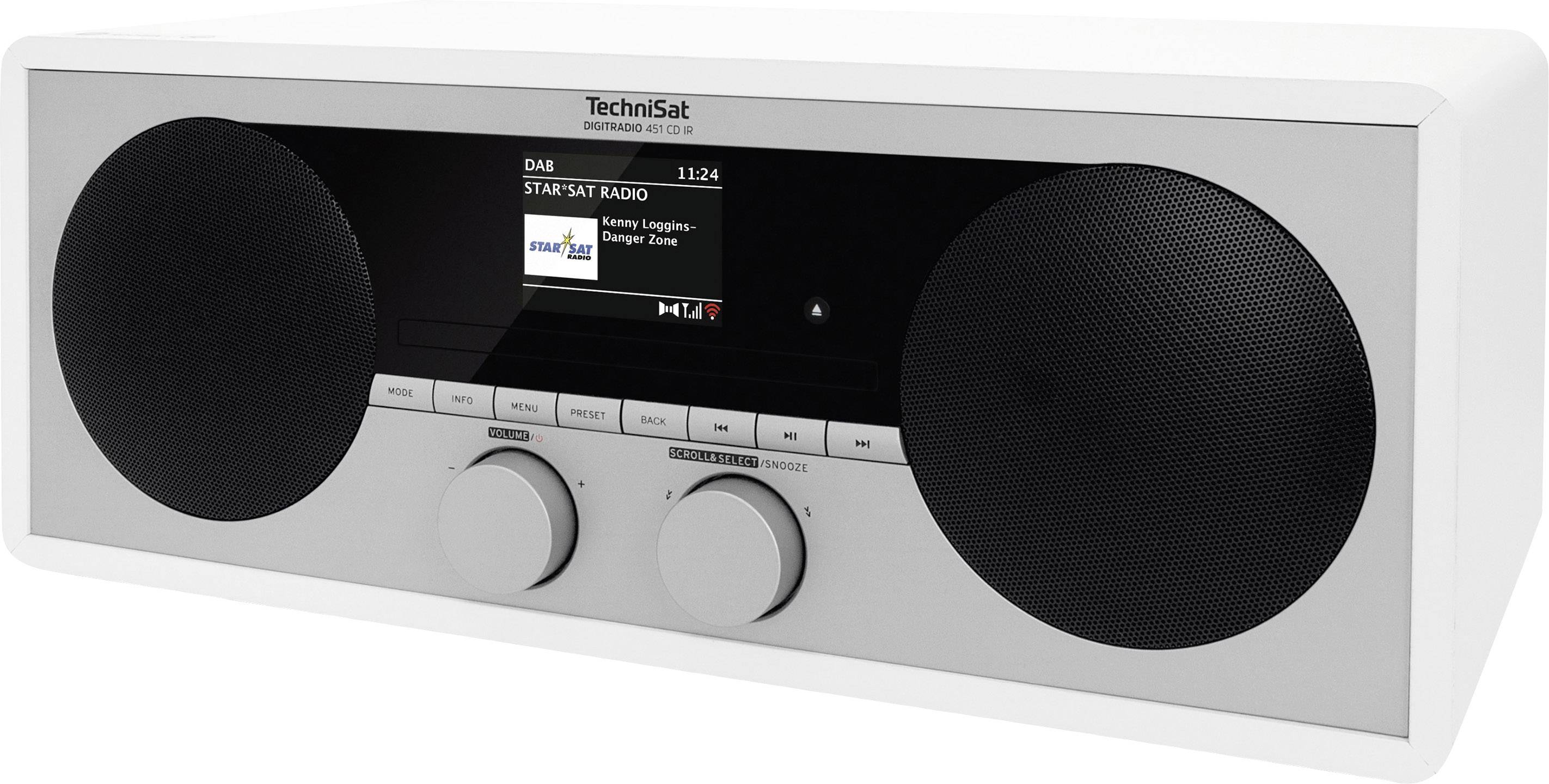 Retro-Radio mit digitalem Display zeigt 'STARSAT RADIO', zwei große Lautsprecher, Drehknöpfe für Lautstärke und Senderwahl.