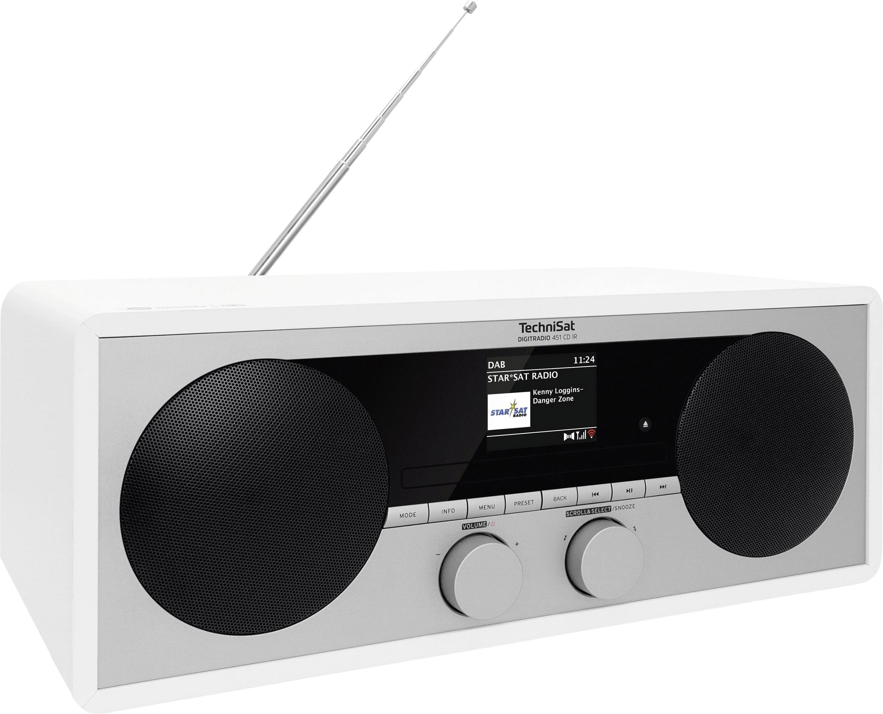 Ein weißes DAB-Radio mit Display zeigt 'STAR*SAT RADIO' an, umgeben von zwei Lautsprechern und Bedienknöpfen.