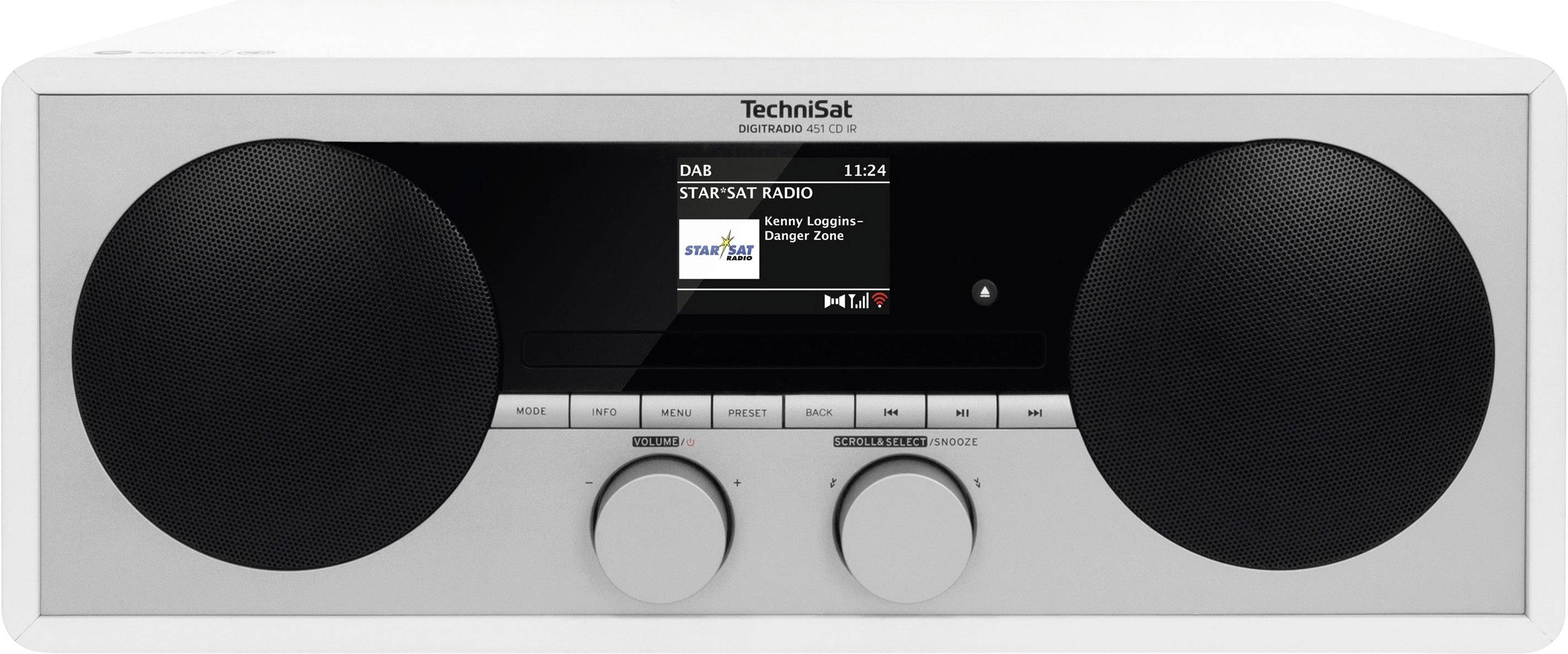 Ein weißes Radio mit zwei Lautsprechern, Display zeigt 'STAR*SAT RADIO' und 'Kenny Loggins - Danger Zone', darunter Bedienelemente.