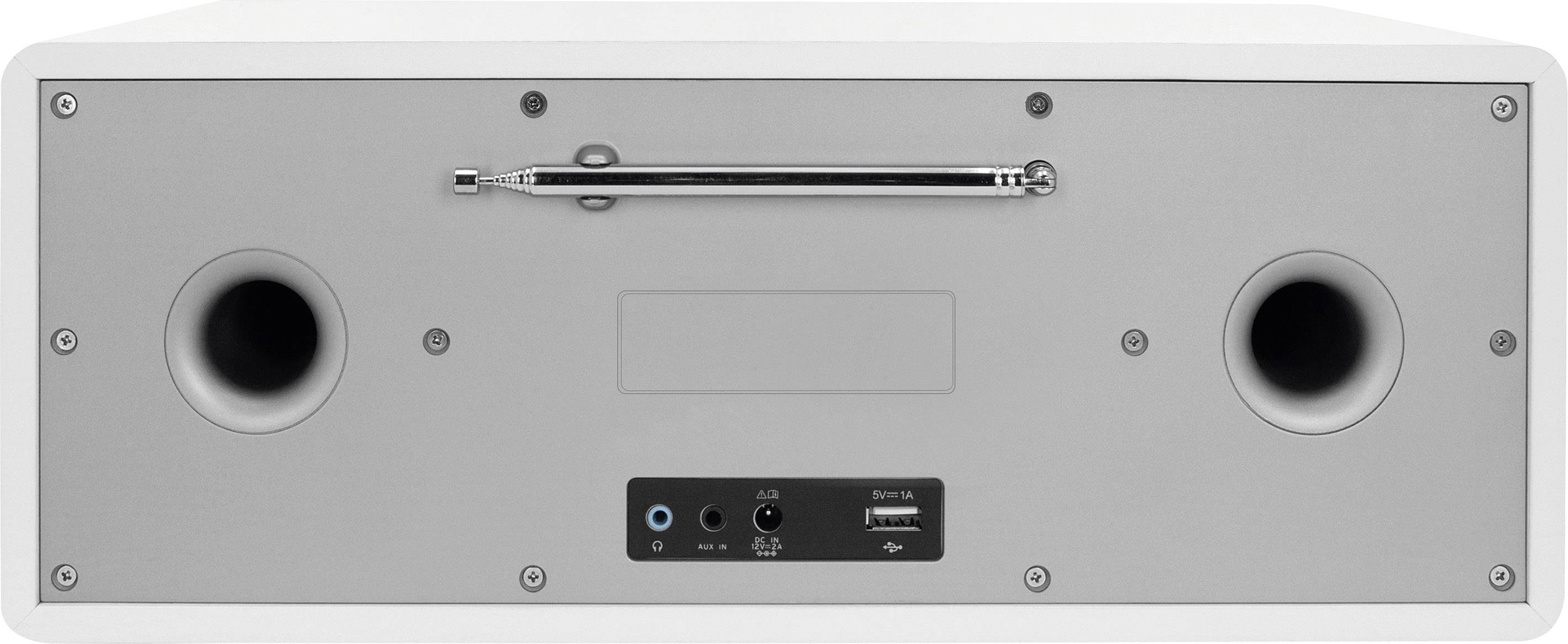 Rückansicht eines weißen Lautsprechers mit zwei Bassreflexöffnungen und Anschlüssen in der Mitte für Audio-In und Stromversorgung.