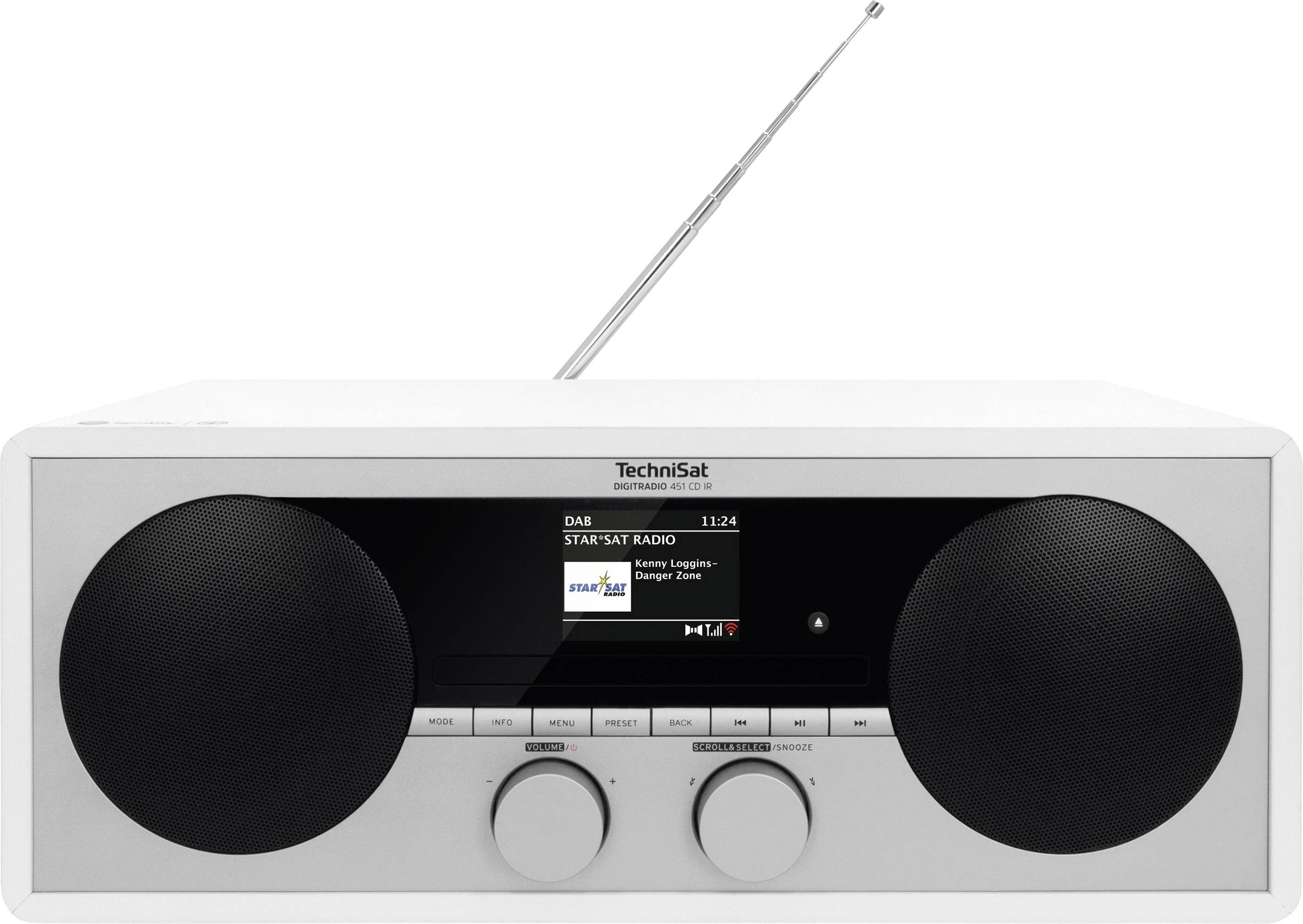 Ein weißes Digitalradio mit zwei Lautsprechern und einer ausziehbaren Antenne. Auf dem Display steht 'TechniSat'.