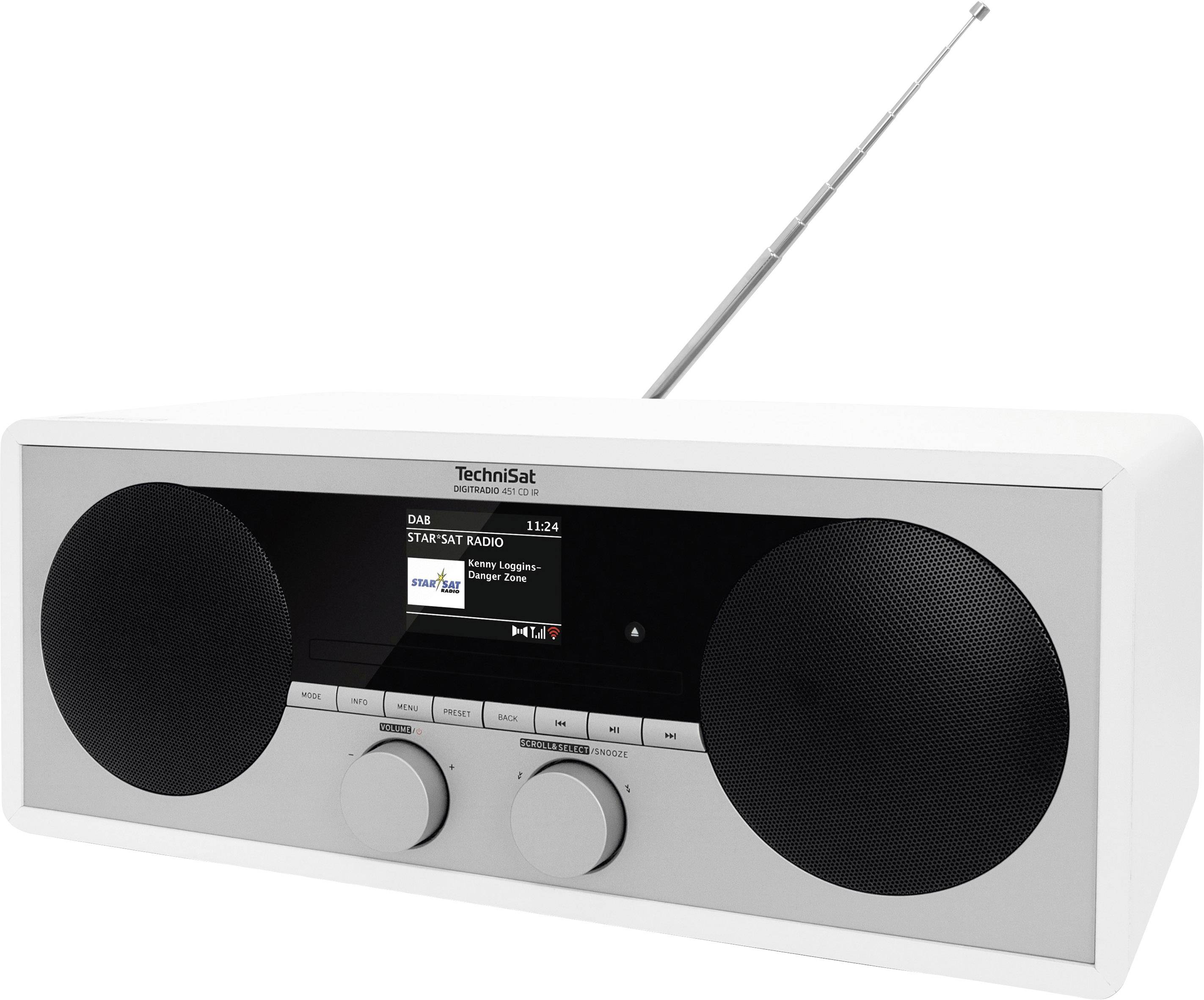 Ein weißes Digitalradio mit zwei Lautsprechern, ein Display zeigt 'TechniSat' und diversen Radiodetails. Eine ausziehbare Antenne hinten.