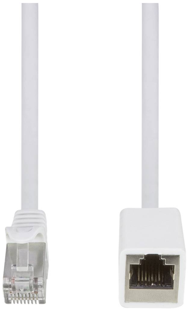 Ein weißes Ethernet-Kabel links neben einem weißen Ethernet-Kupplungsadapter.