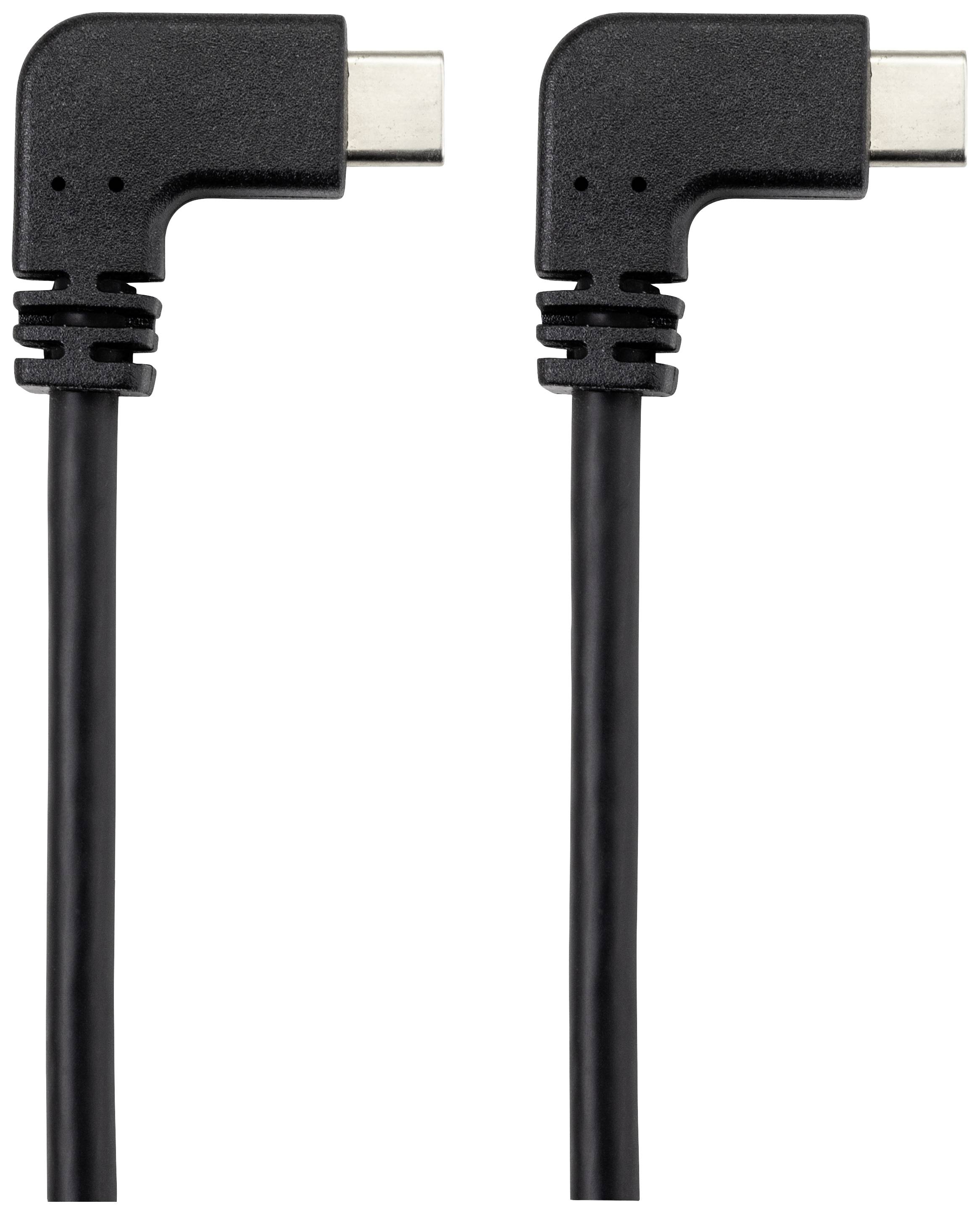 USB-C-Kabel mit rechter Winkelverbindung, schwarzes Design, geeignet für Geräte mit geringem Platz oder speziellen Anschlussanforderungen.