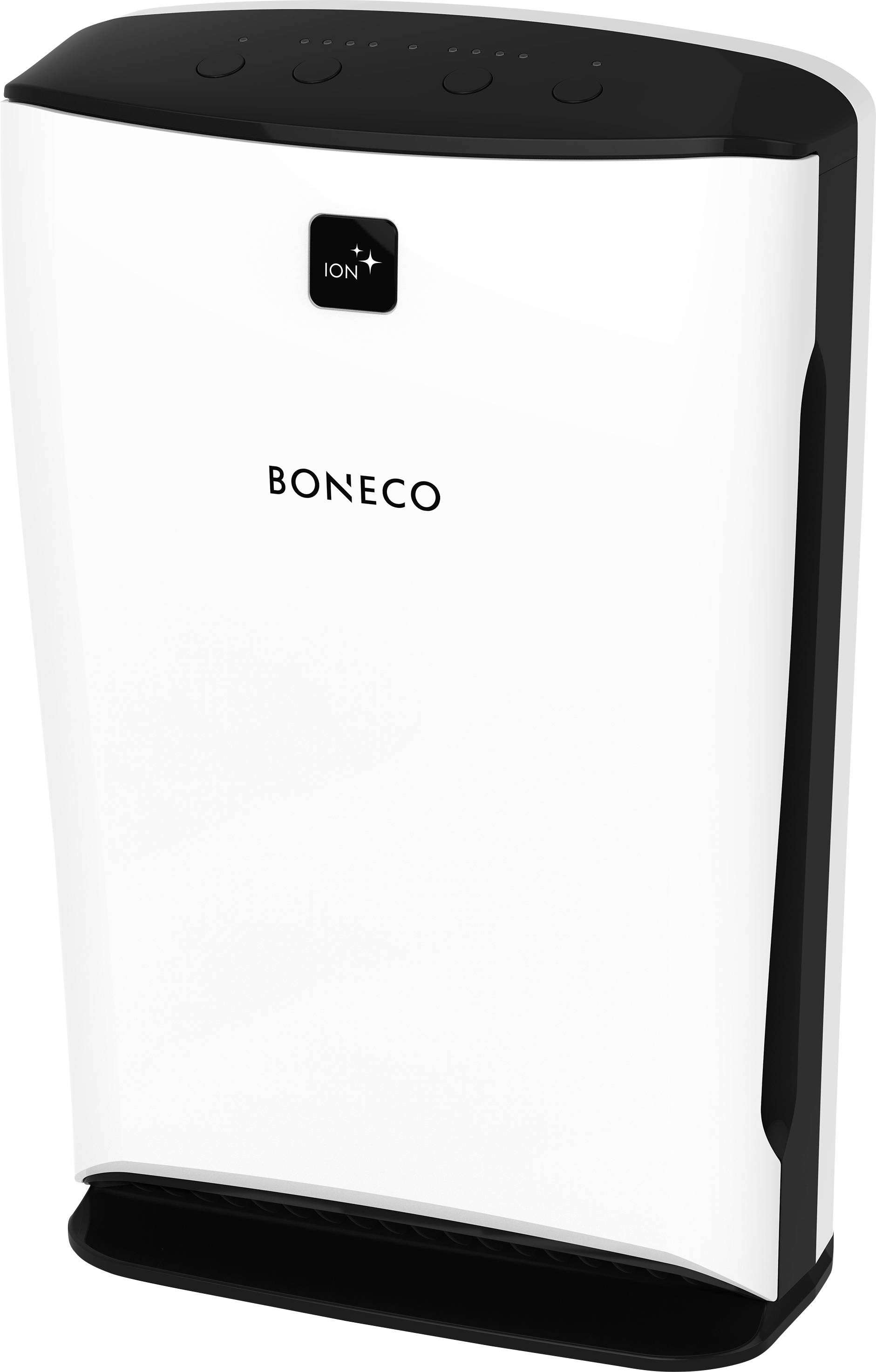 Ein weißer Luftreiniger der Marke Boneco mit rechteckigem Design, schwarzem oberen Rand und Ionisierungsfunktion.