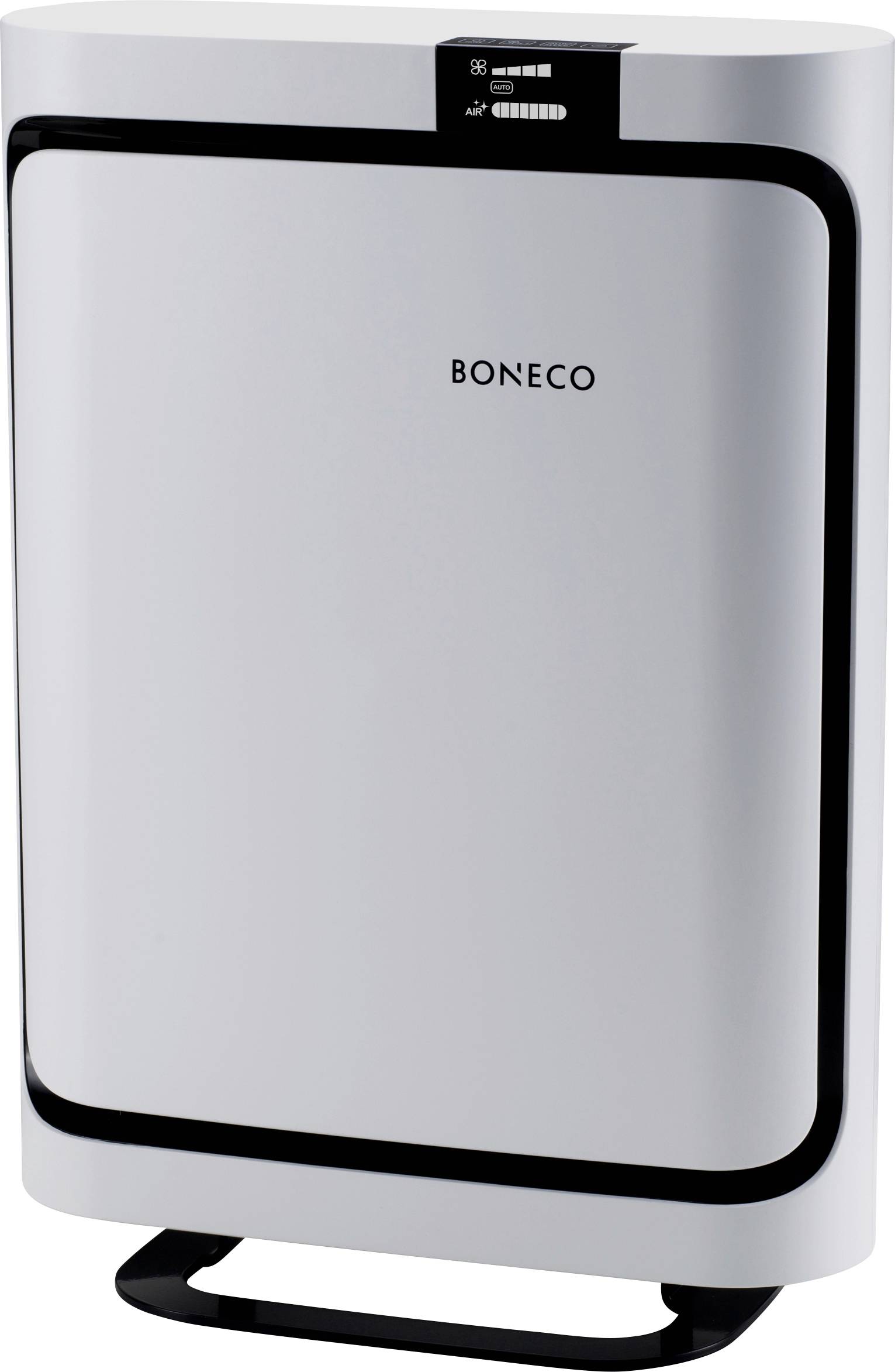 Ein weißer Luftreiniger mit schwarzem Rand steht vor einem neutralen Hintergrund. Oben sind LED-Anzeigen zu sehen.