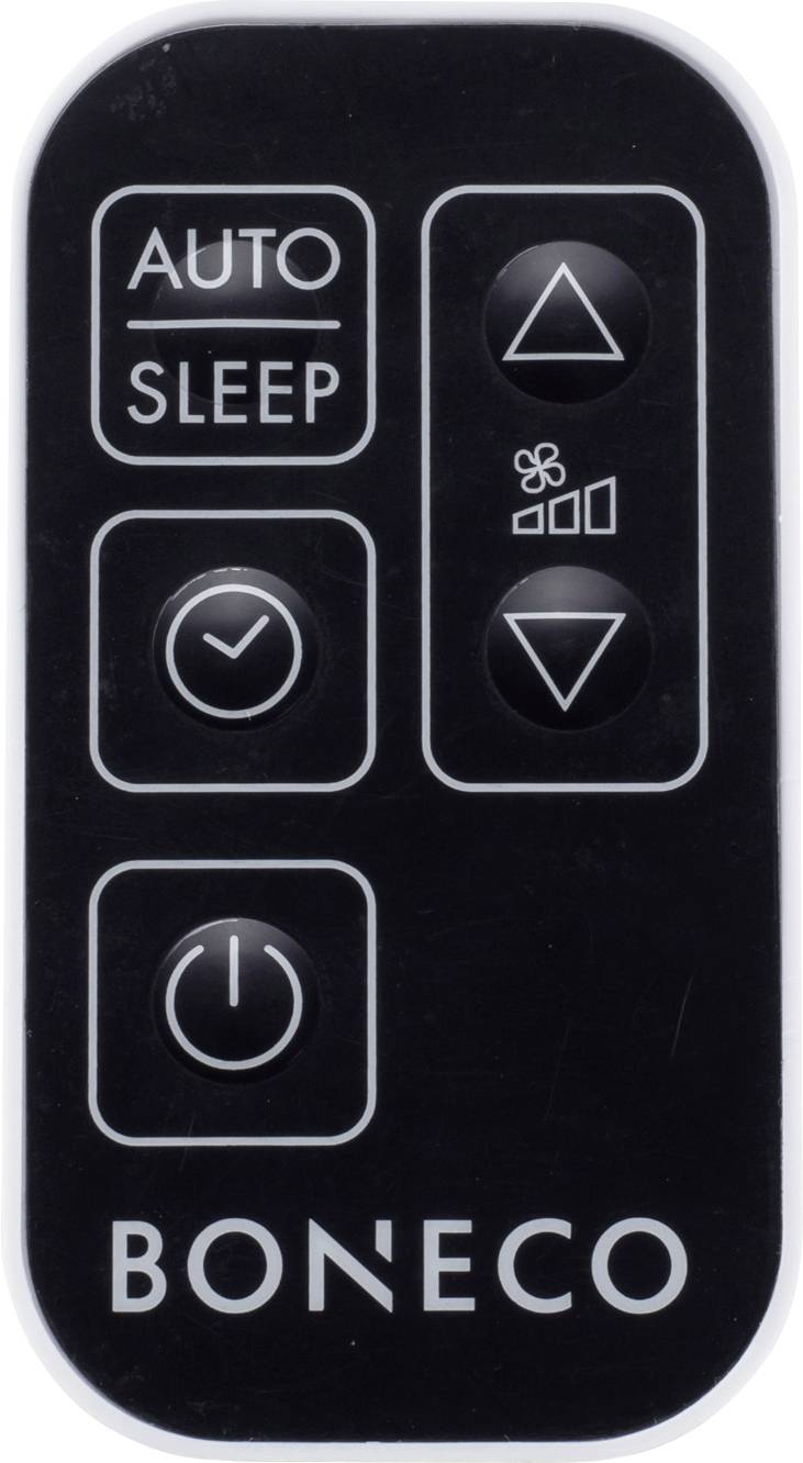 Schwarze Fernbedienung mit 'BONECO'-Logo. Tasten: 'AUTO SLEEP', Lüftersteuerung, Modusauswahl, Ein/Aus. Rechteckige Form.