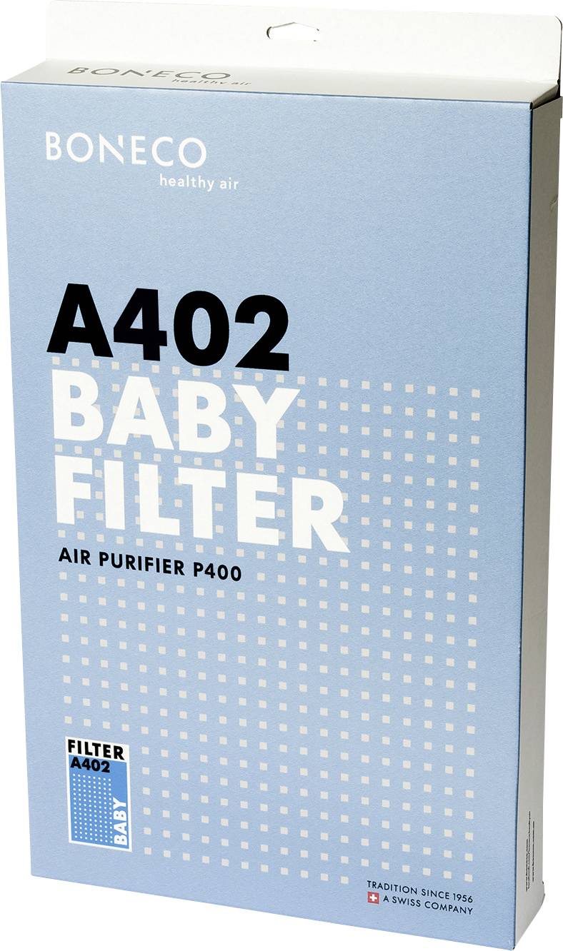 Luftreiniger-Filterverpackung von Boneco, Modell A402, speziell für Babys. Blaues Design mit weißen Punkten und Textdetails.