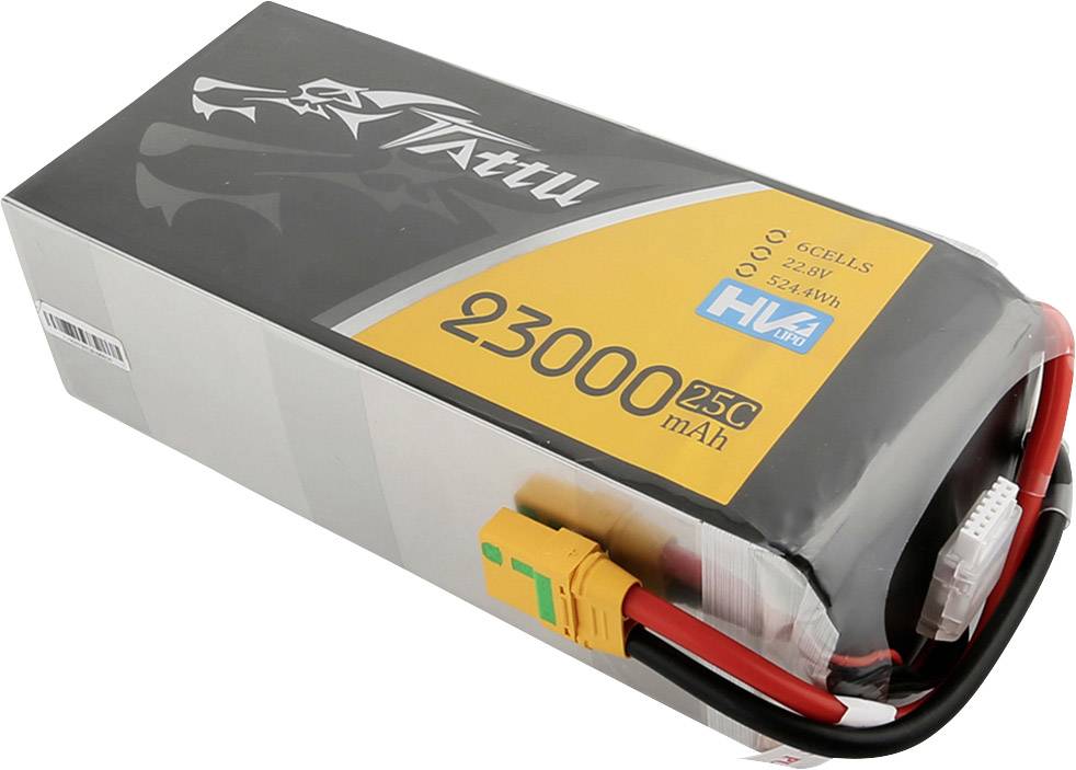 Lithium-Polymer-Akku mit 23000 mAh Kapazität, 6 Zellen, 25C Entladungsrate. Verwendet XT60-Anschluss. Markierung: Tattu.