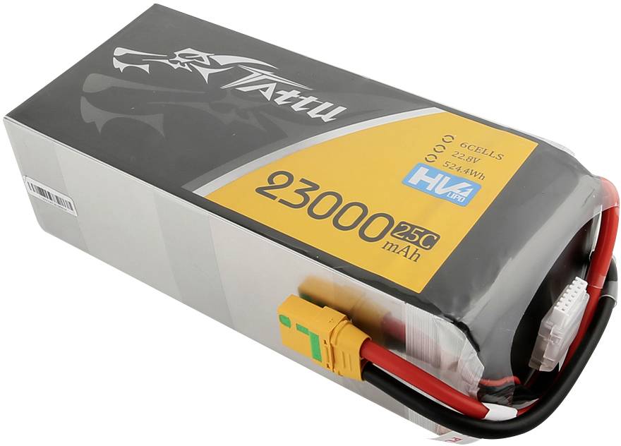 Ein Lithium-Polymer-Akku von Tattu mit 23000 mAh Kapazität, geeignet für 6 Zellen bei 22,2V. Geeignet für RC-Modelle und Drohnen.