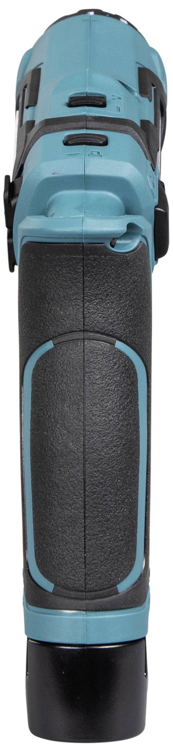 Elektrowerkzeug, Turquoise-Farbe, seitliche Ansicht, Griffdetail sichtbar. Ideal für Handwerker oder Heimwerkerarbeiten.