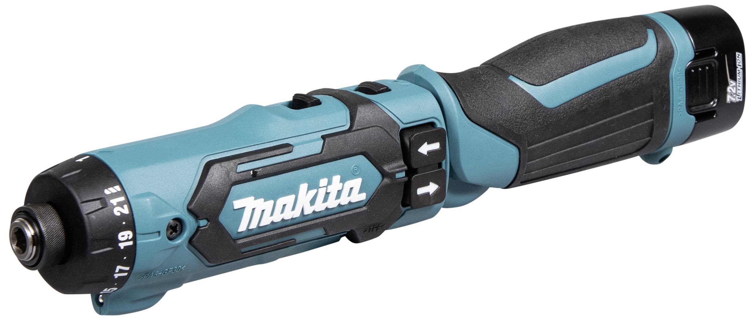 Ein kabelloser, türkiser Schraubendreher mit ergonomischem Griff und Markenlogo. Ideal für Heimwerkerprojekte und Reparaturen.