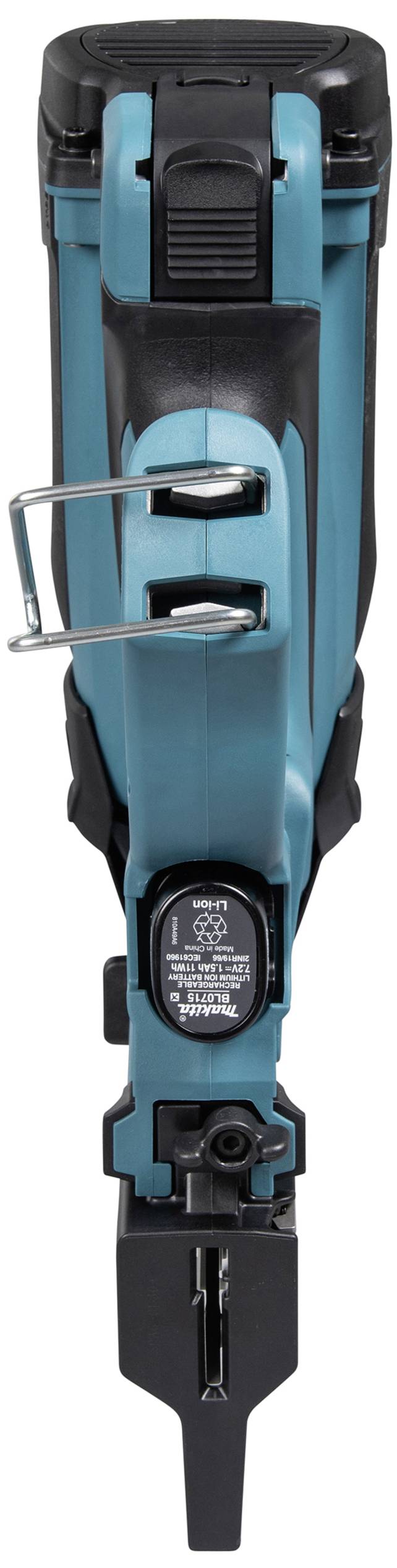 Elektrischer Winkelschleifer in türkiser Farbe, Ansicht von oben. Geeignet für Schneide- und Schleifarbeiten in Handwerksberufen.