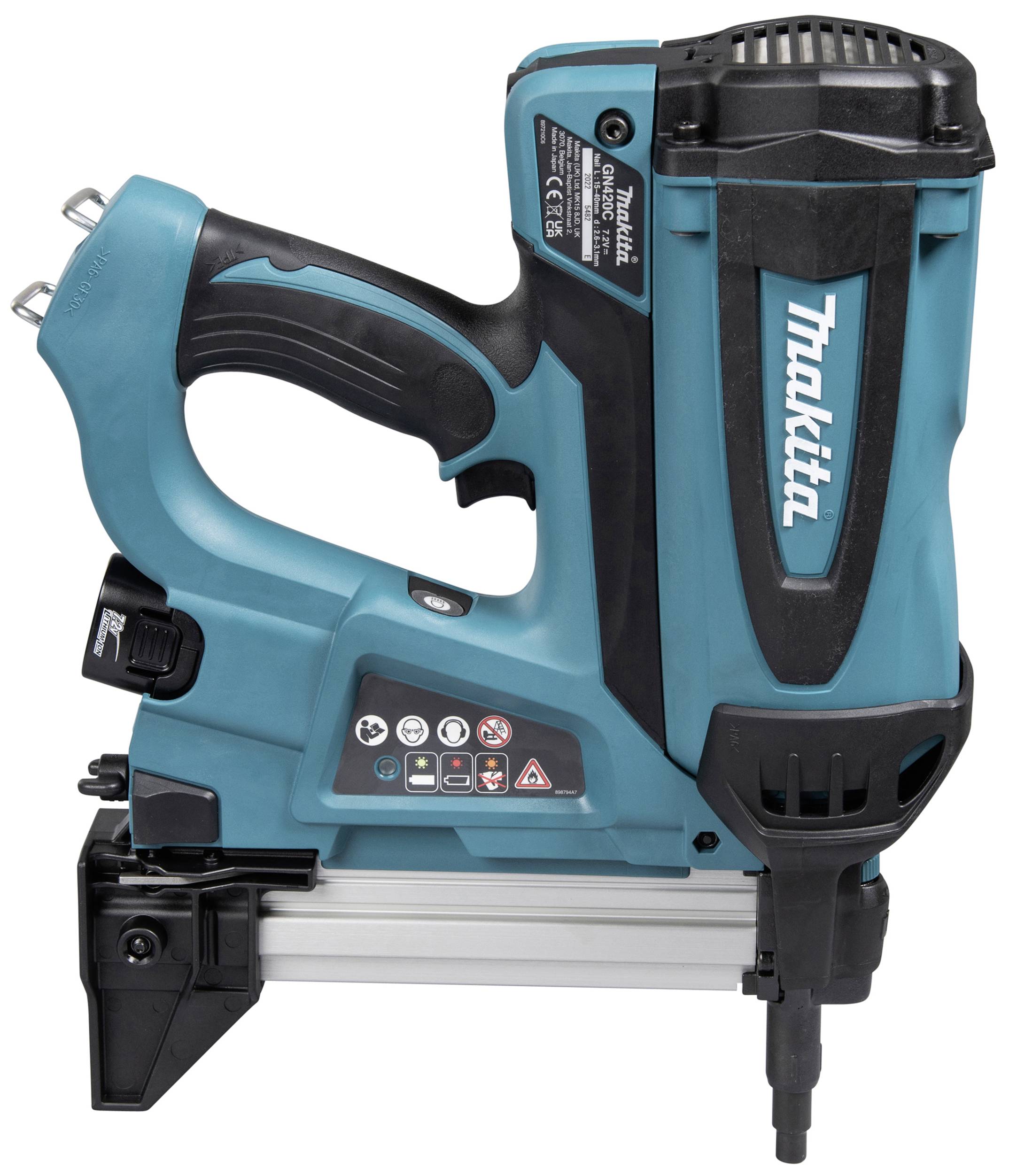 Ein blau-schwarzes, kabelloses Nagelgerät mit Griff, mehreren Knöpfen und Sicherheitswarnungen auf der Seite.