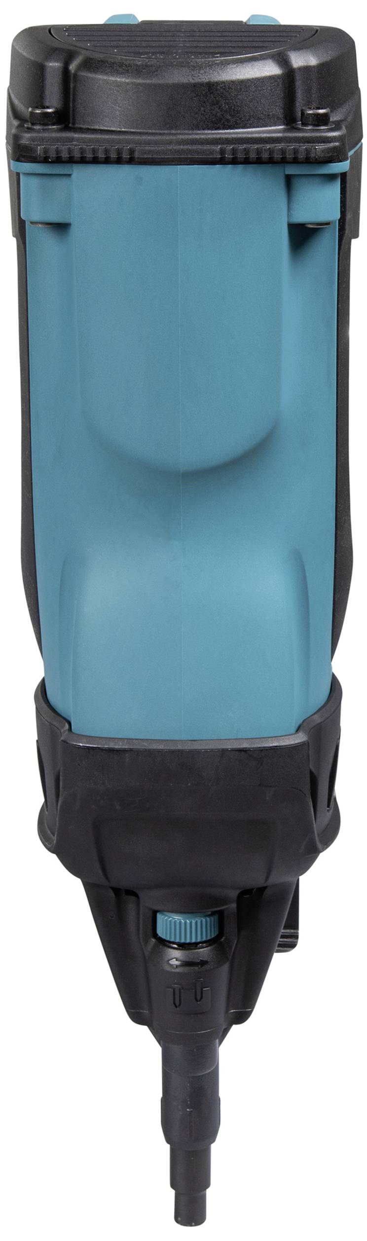 Ein blauer Druckluftnagler mit schwarzem Gehäuse, geeignet für Bauarbeiten. Kompaktes Design mit gezahnter Spitze.