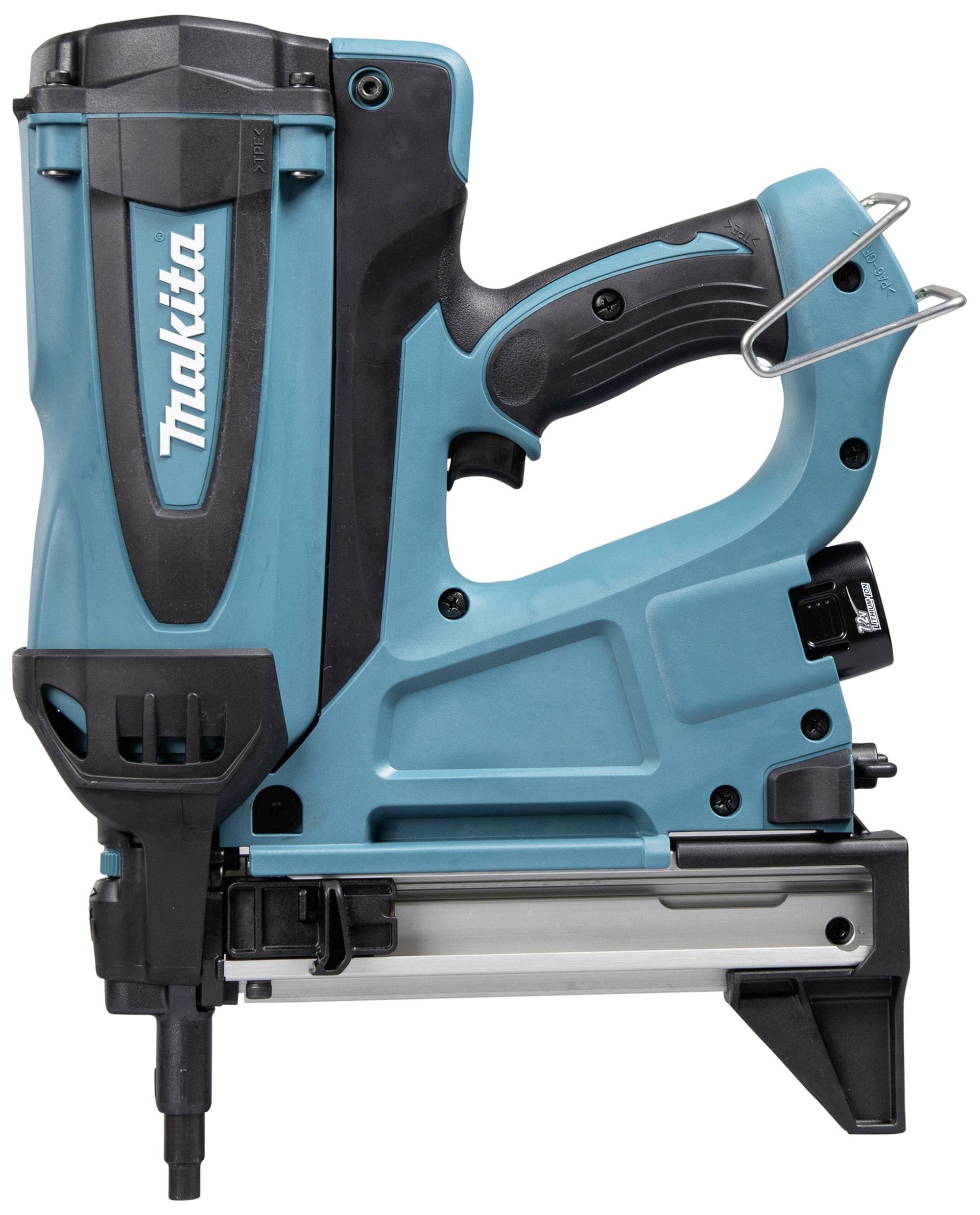 Ein blau-schwarzer Nagler mit ergonomischem Griff, ausgestattet mit einem Metallbügel zur einfachen Befestigung oder Lagerung.