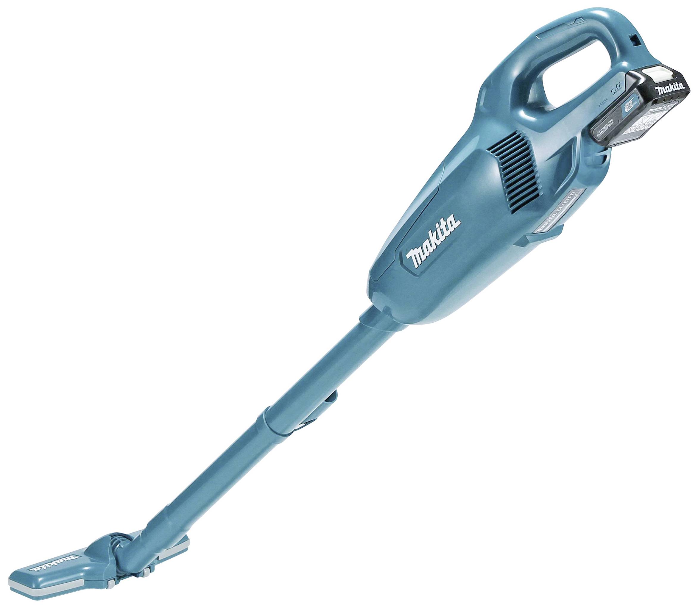 Akku-Staubsauger in Blau von Makita, tragbar mit schlankem Design und Griff, geeignet für kabellose Reinigung in Haushalten.