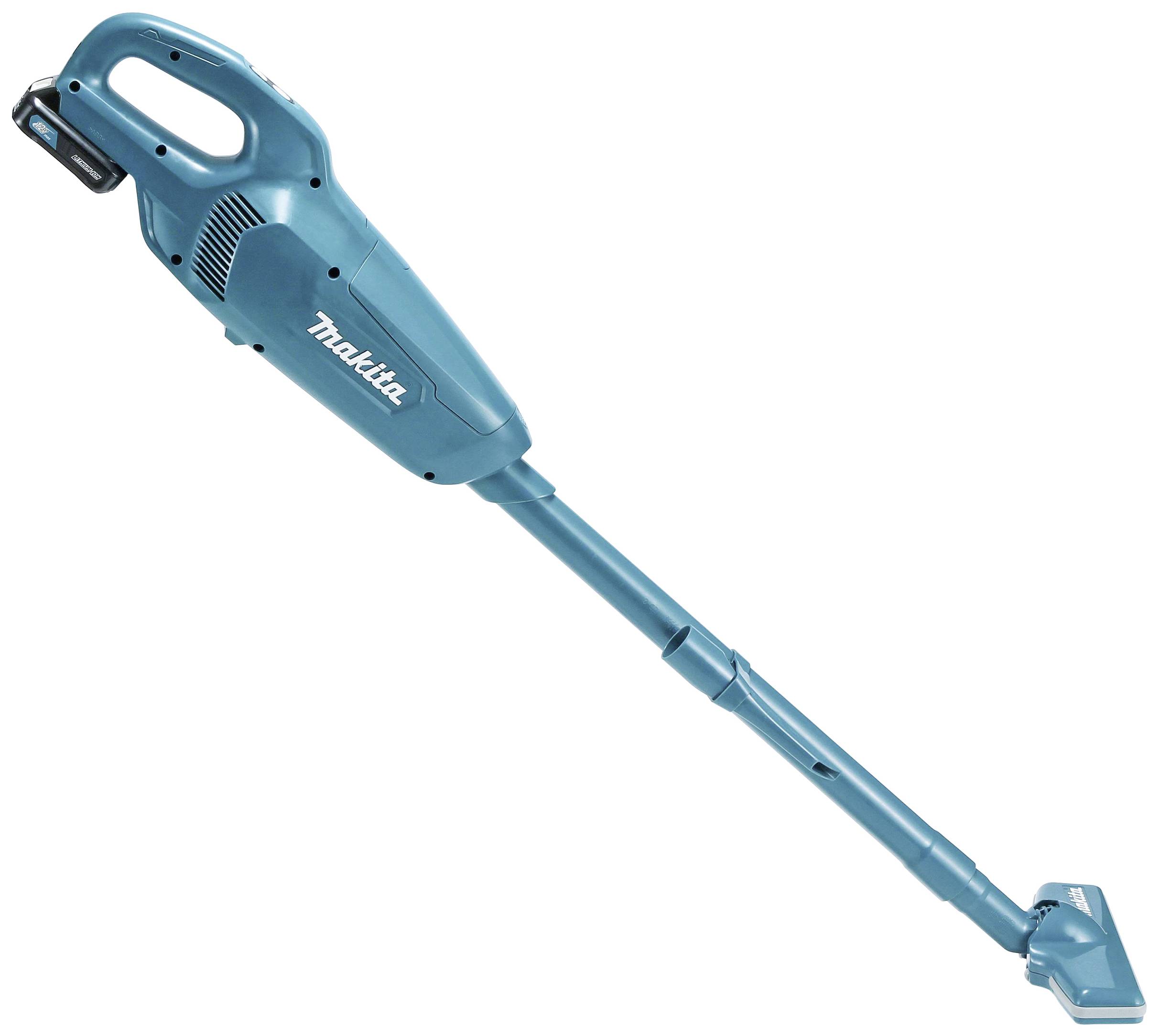 Ein kabelloser blauer Handstaubsauger von Makita, der leicht und tragbar ist, mit einem ergonomisch geformten Griff zur einfachen Bedienung.