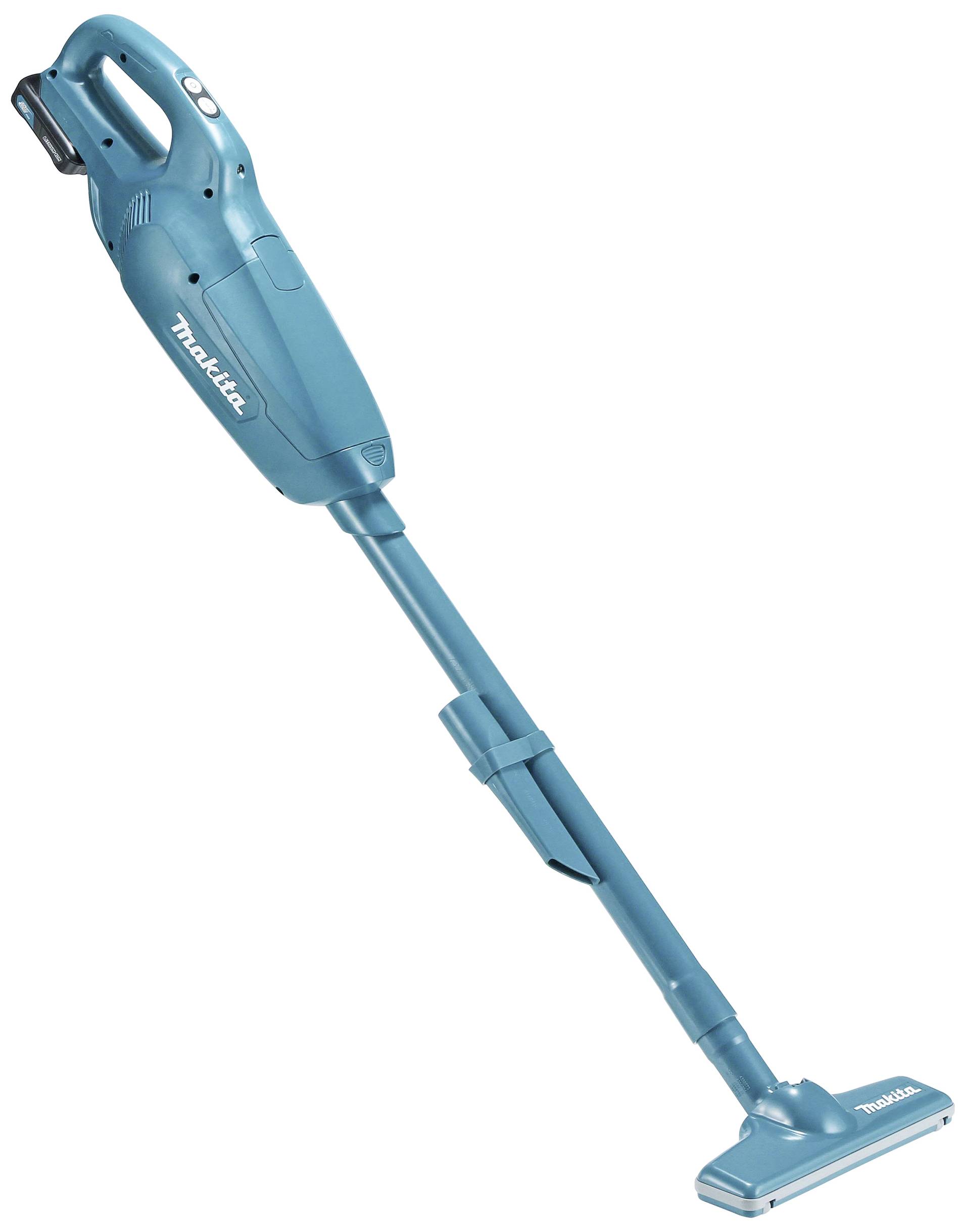 Blauer, kabelloser Staubsauger in Seitenansicht. Markenname auf dem Gerät sichtbar. Geeignet für den Haushaltseinsatz.