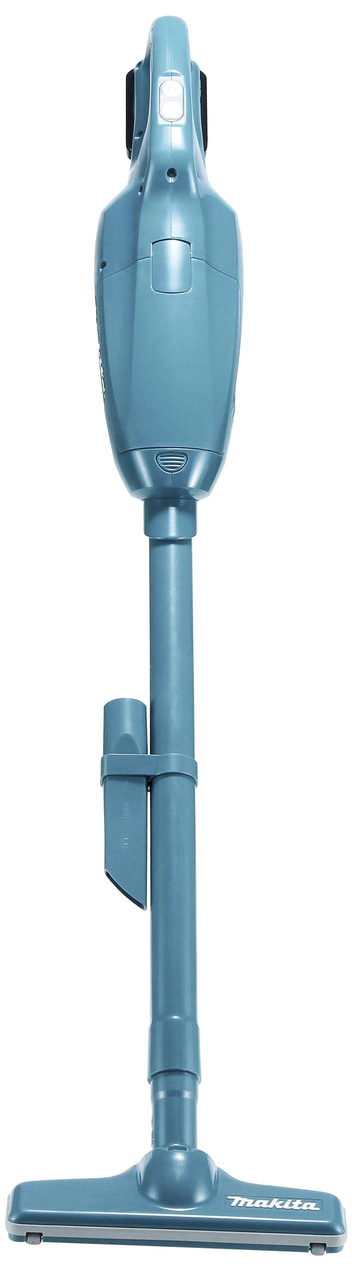 Ein blauer, kabelloser Staubsauger steht aufrecht, mit einem abnehmbaren Rohr und einer Bodendüse.