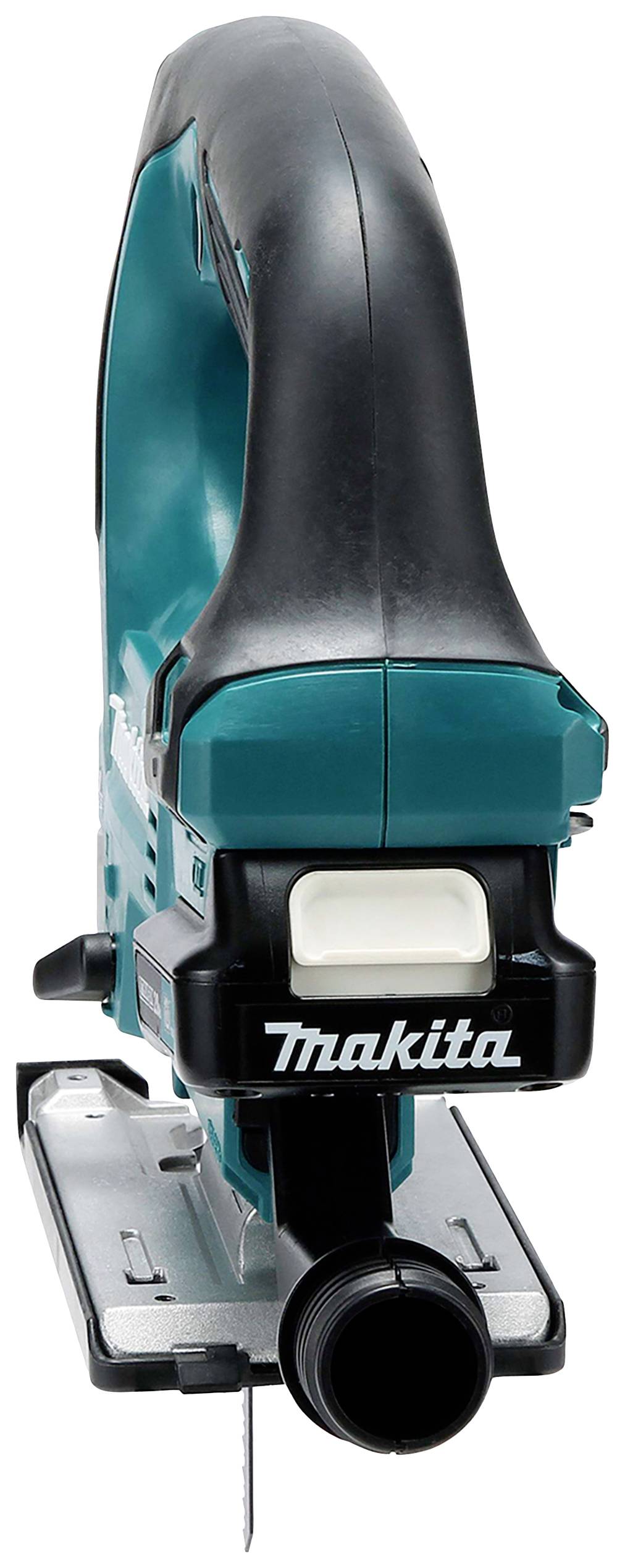 Eine kabellose Stichsäge mit ergonomischem Griff und Spitzname „Makita“ auf der Vorderseite, bereit zum Schneiden von Materialien.