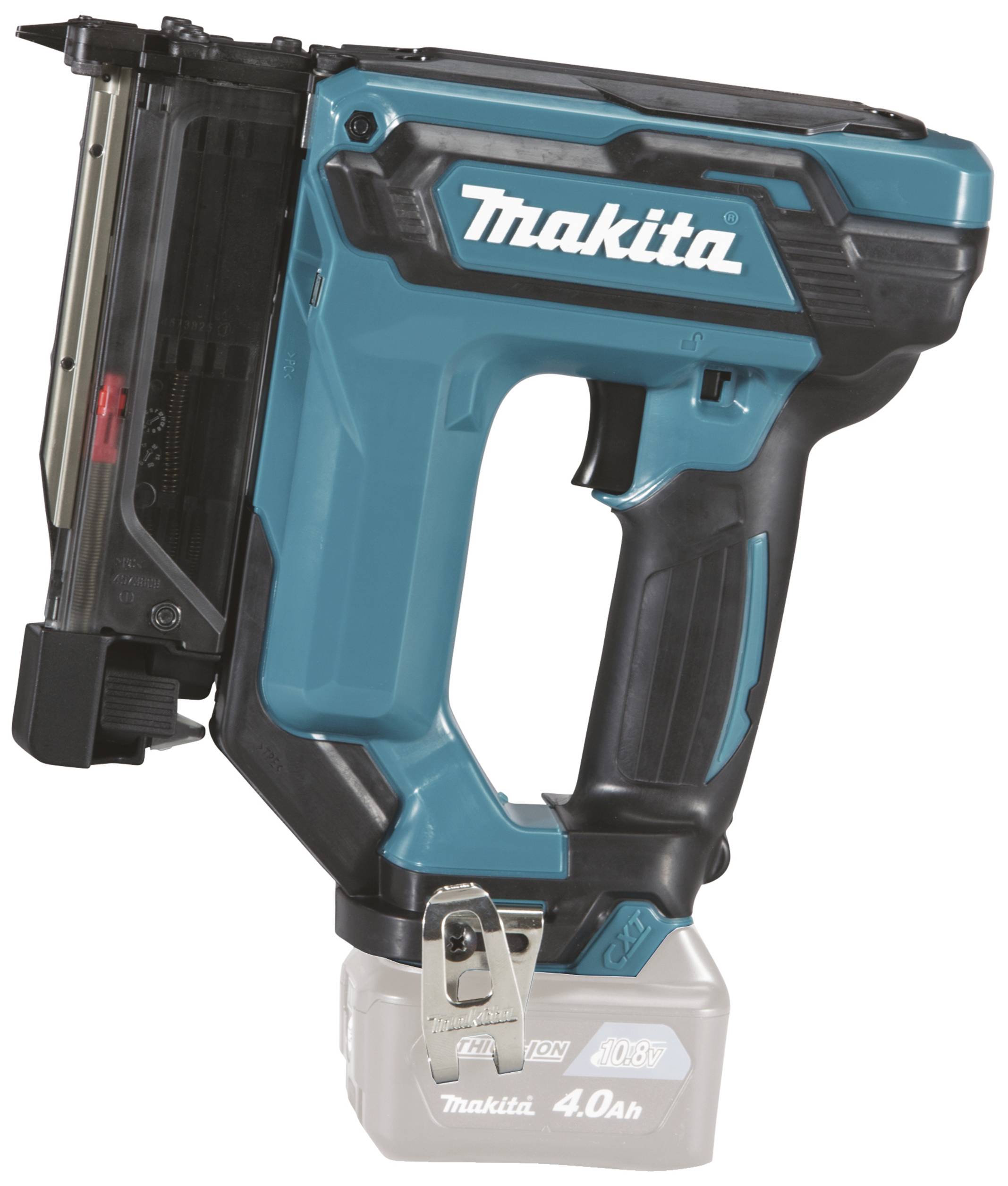 Akkubetriebener Nagler mit blau-schwarzem Gehäuse und silbernem Akku unten. Markenname auf der Seite. Geeignet für Bau- und Heimwerkerprojekte.