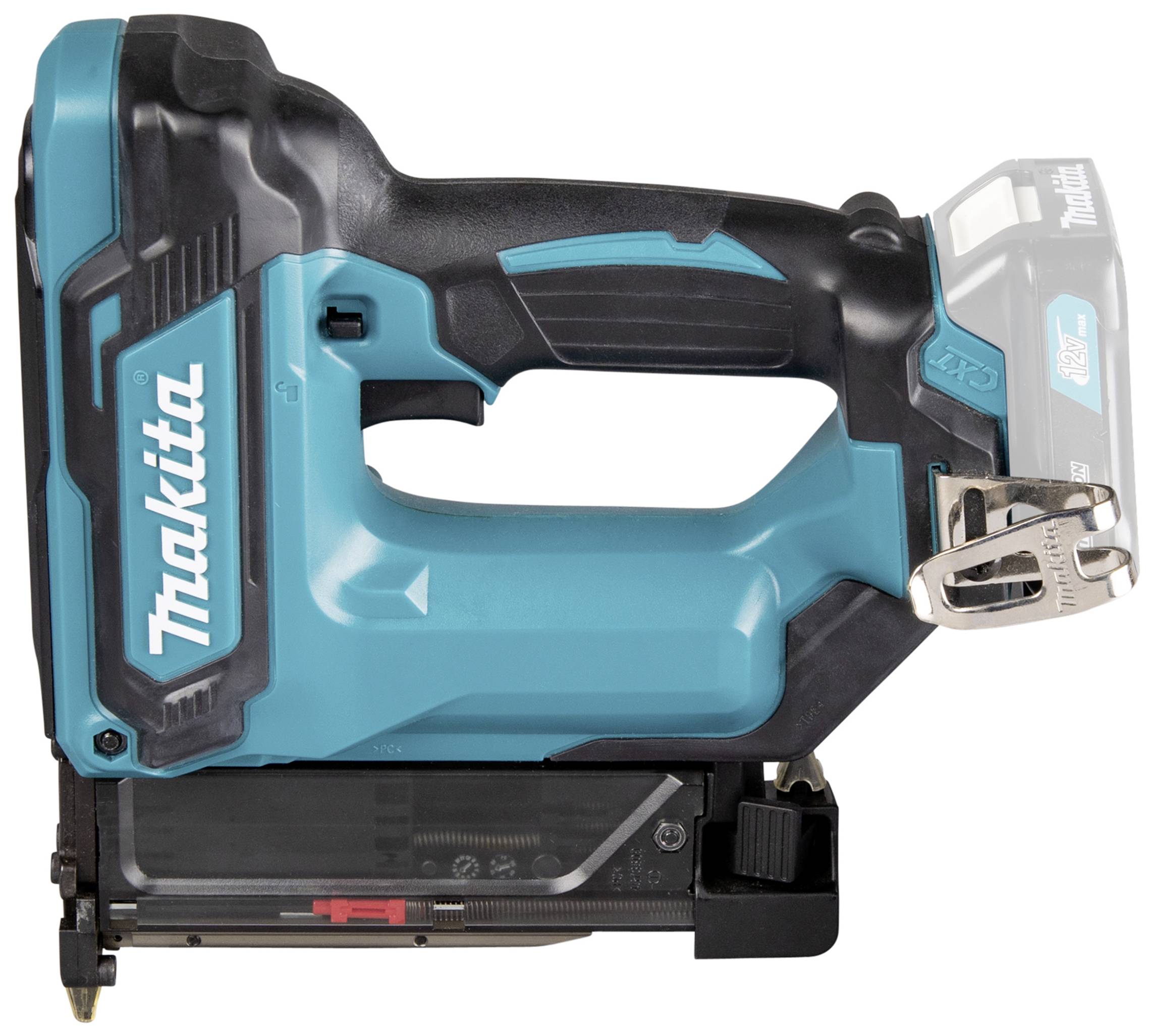Ein kabelloser, blauer Makita-Nagler ist abgebildet, mit einem kompakten Design und ergonomischem Griff, ideal zum Heimwerken.