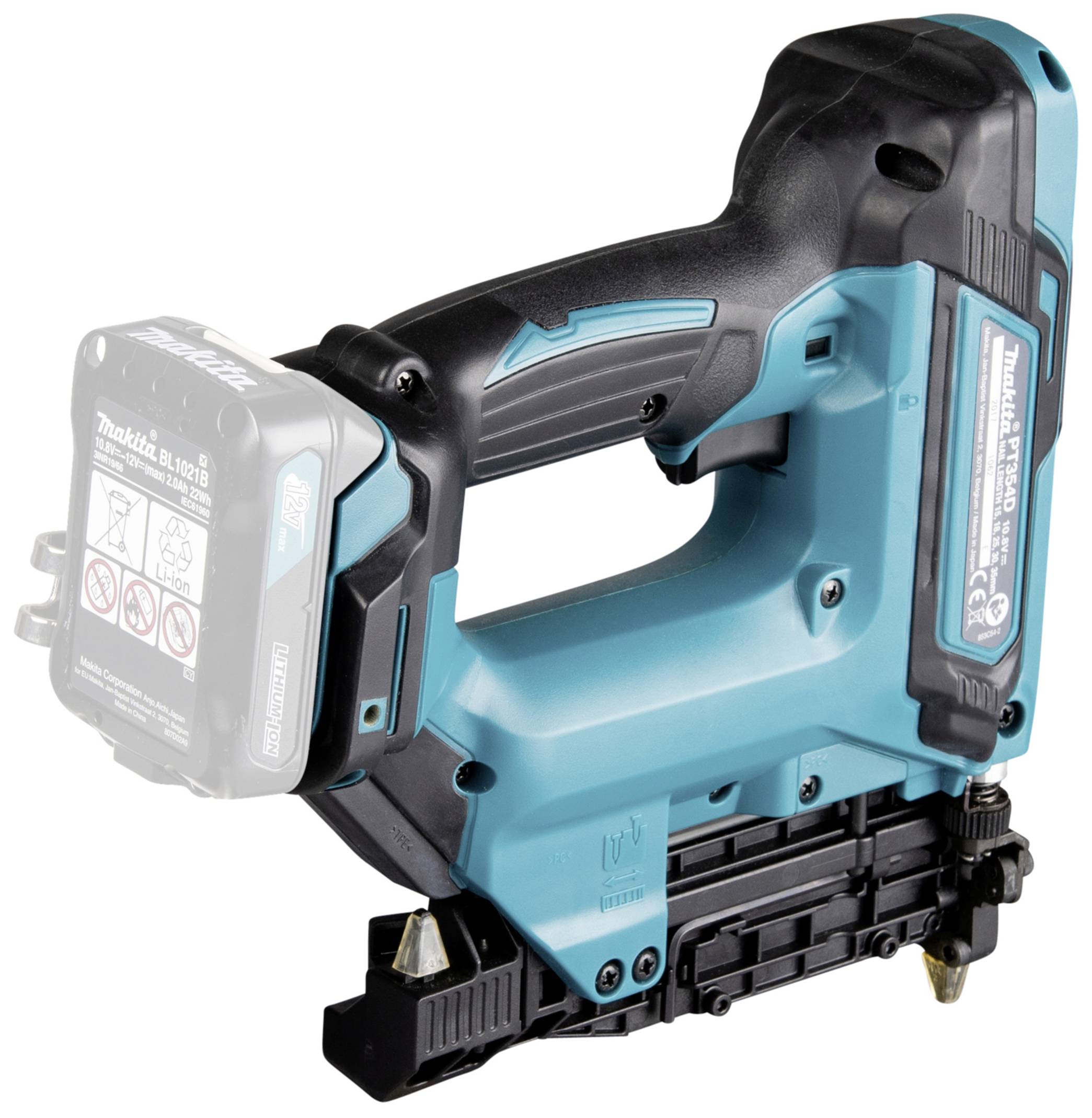 Ein blauer Akku-Nagler mit ergonomischem Griff und schwarzem Magazin. Verwendet für das einfache Befestigen von Materialien ohne Kabel.