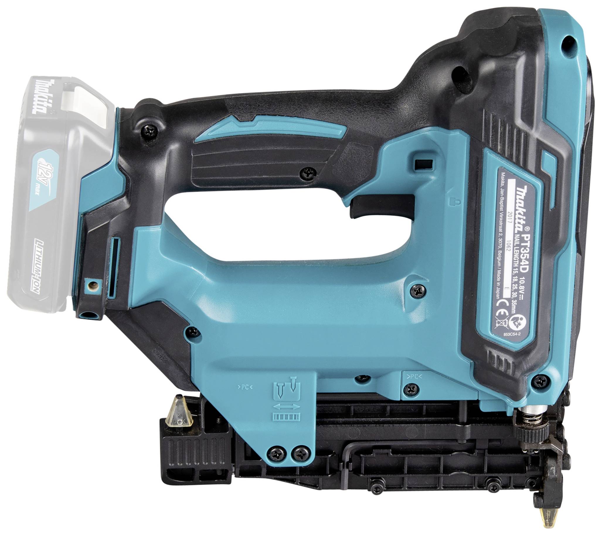 Akkubetriebener Nagler in türkis und schwarz, wird zum Befestigen von Materialien verwendet, tragbar und kabellos.