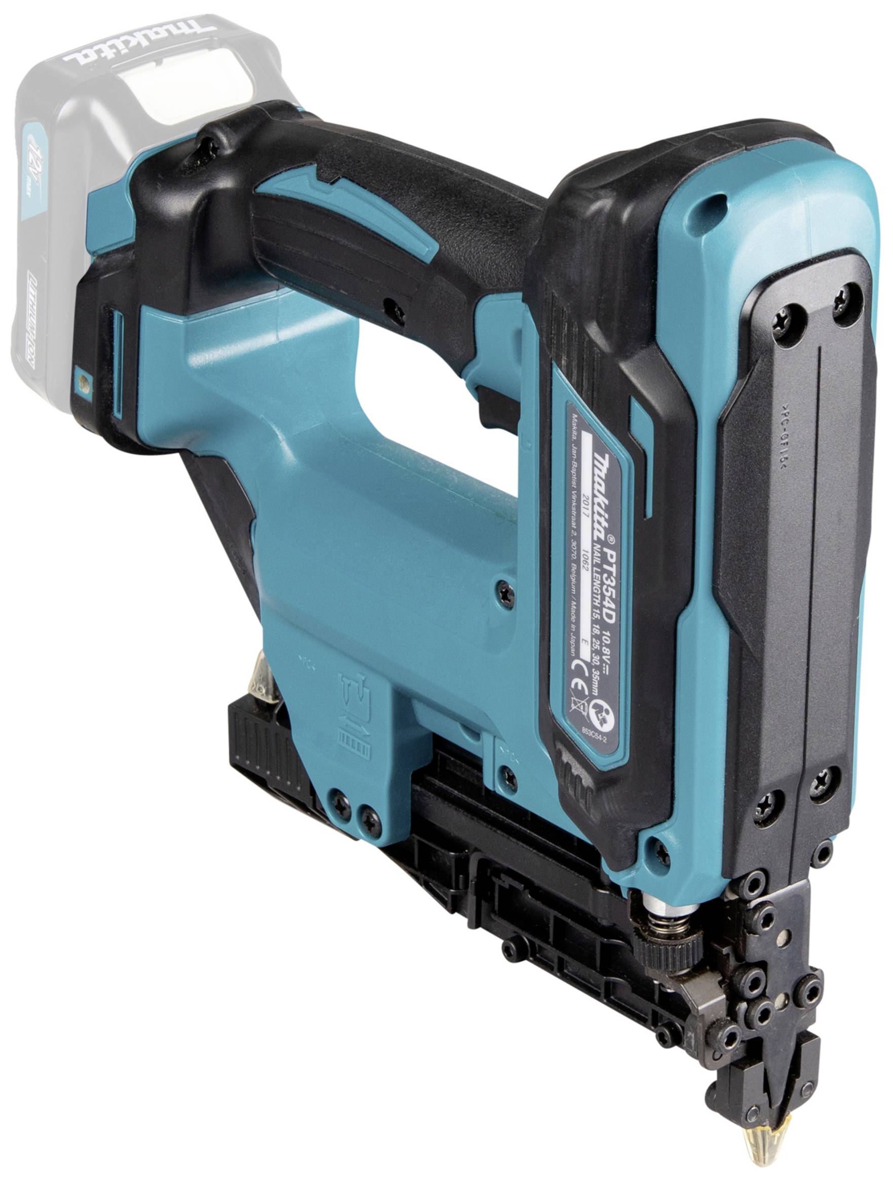 Ein kabelloser Nagler mit blauem Griff und schwarzem Akku, geeignet für Bau- oder Holzarbeiten.