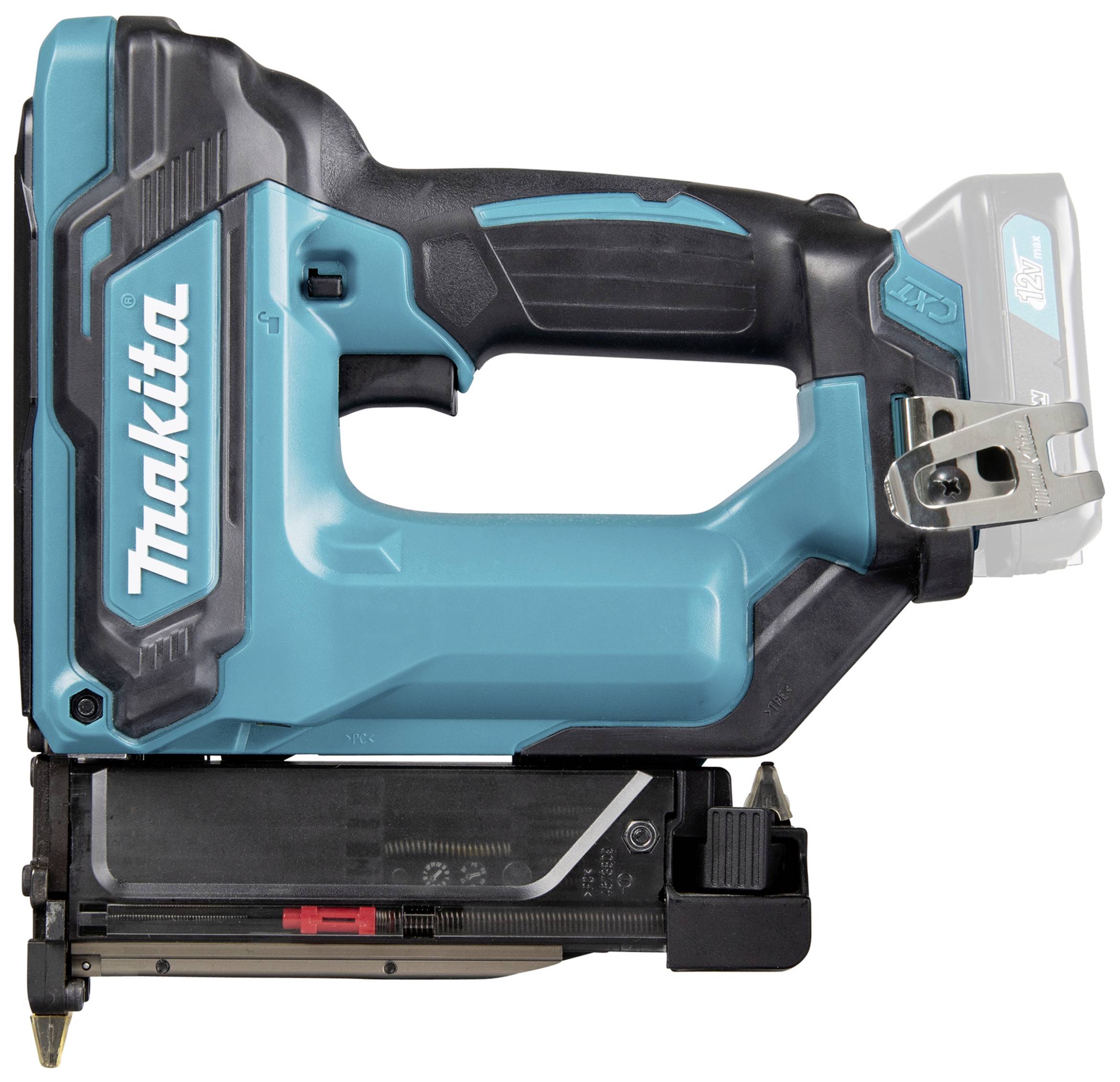 Ein kabelloser Nagler in Blau und Schwarz. Geeignet für Holzarbeiten, verwendet Nägel unterschiedlicher Länge. Moderner, kompakter Stil.