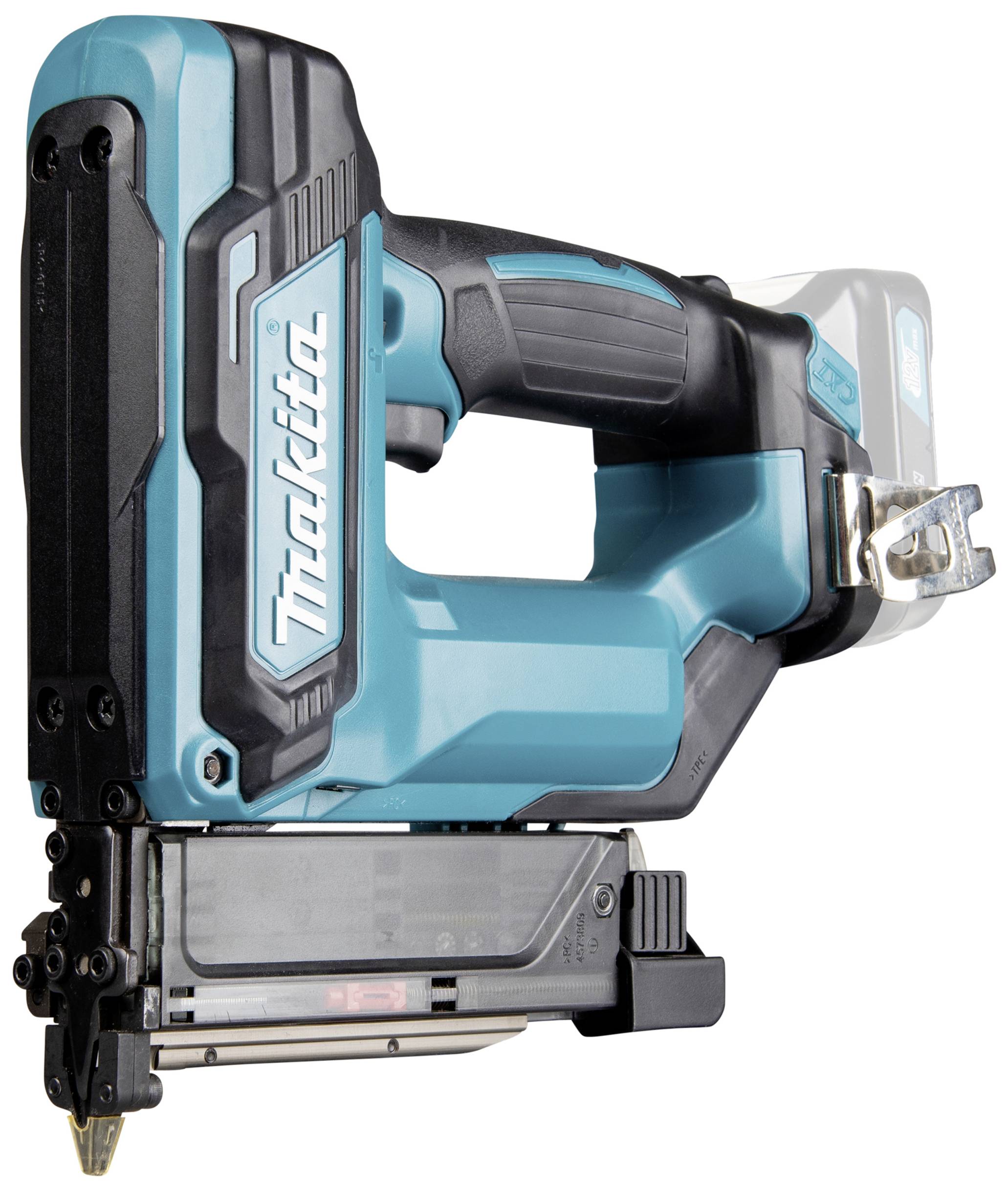 Elektrischer, kabelloser Tacker in Blau-Schwarz, mit ergonomischem Griff und Magazin für Nägel.