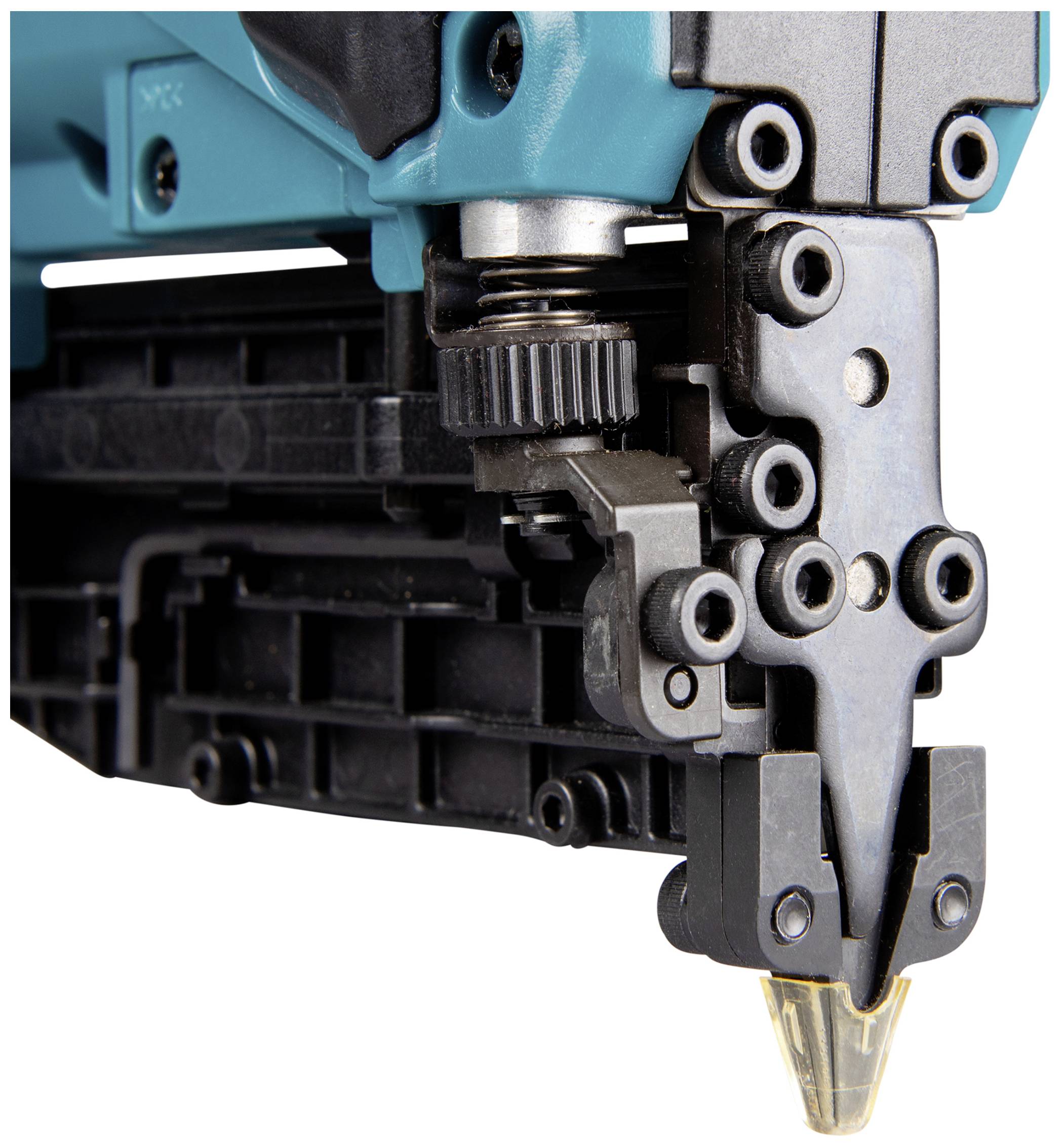 Nahaufnahme eines blauen Druckluftnaglers, der robuste Bauteile und einen Schutzmechanismus zeigt. Geeignet für Bauarbeiten.