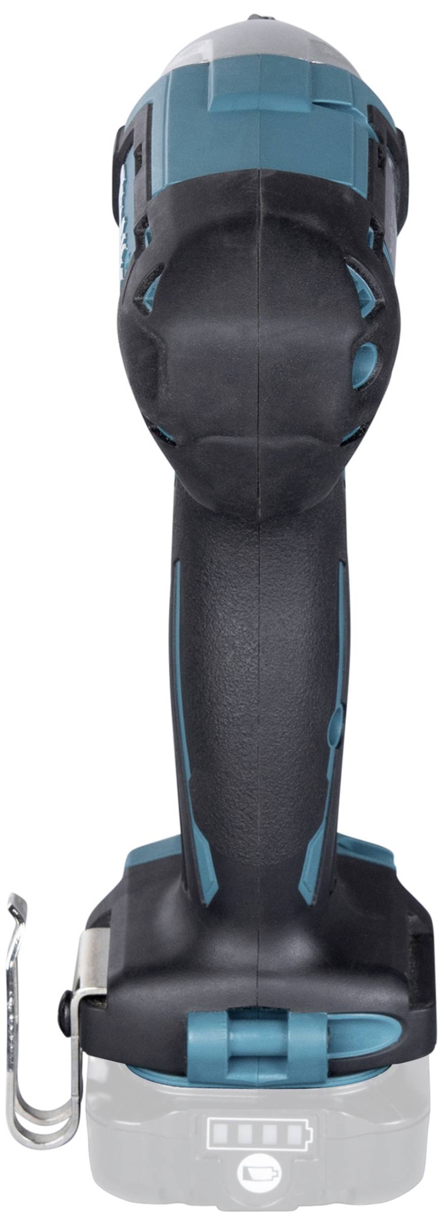 Kabelloser Bohrschrauber mit ergonomischem Griff in Schwarz und Türkis, mit aufladbarem Akku und Gürtelclip.