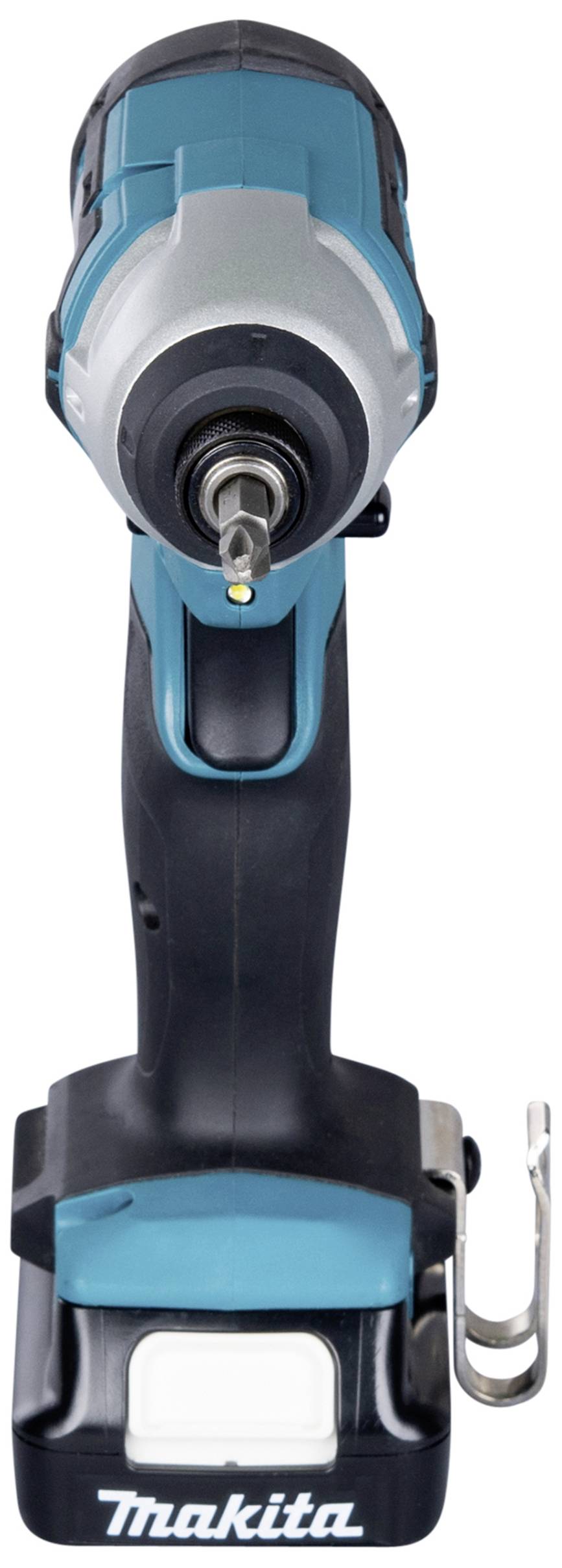 Schlagbohrmaschine in Schwarz und Blau, steht senkrecht. Markiert mit 'Makita'. Werkzeug ideal für Bau- und Renovierungsarbeiten.
