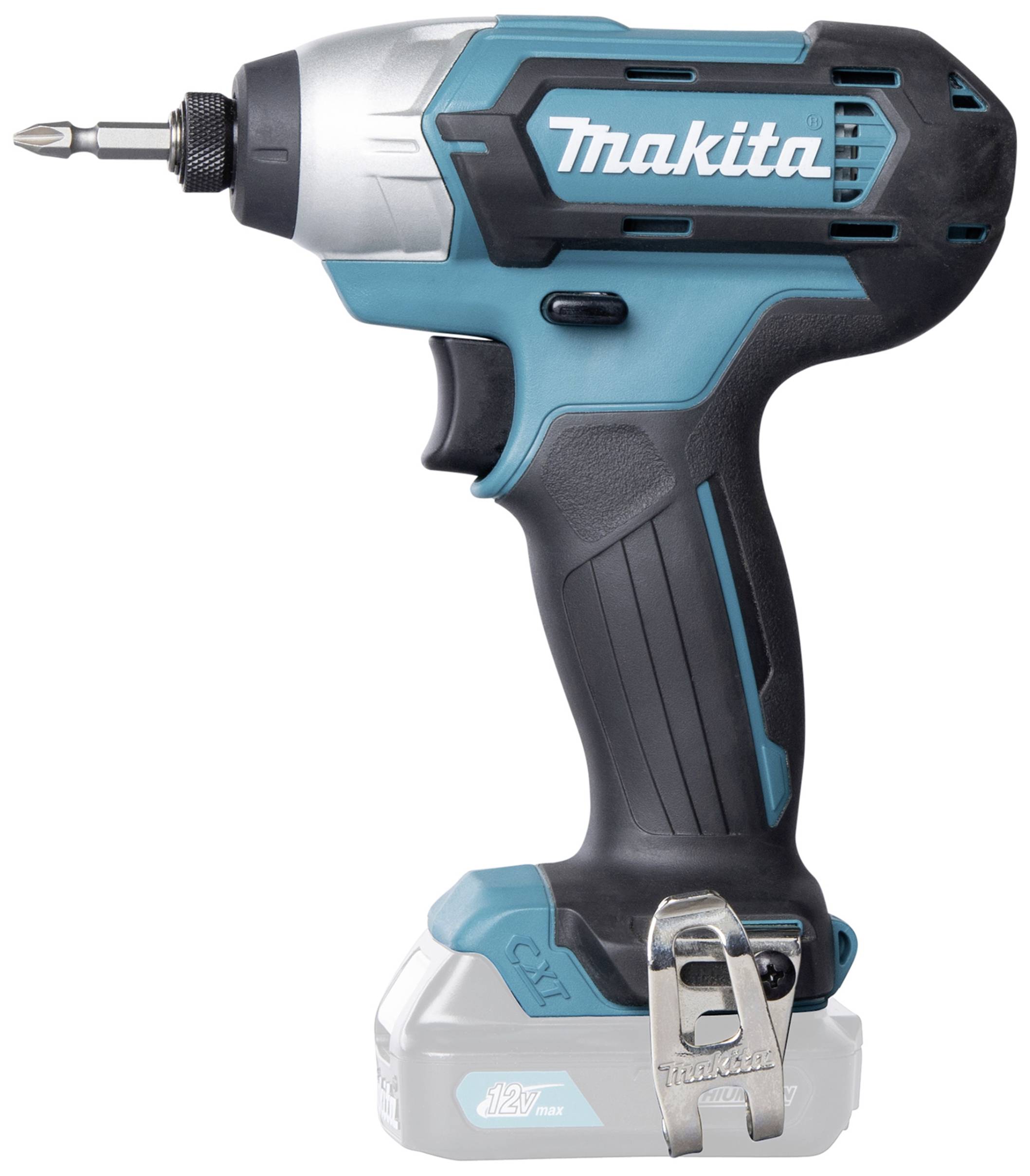 Ein blau-schwarzer Makita-Akkuschrauber mit einem montierten Bit, seitliche Ansicht.