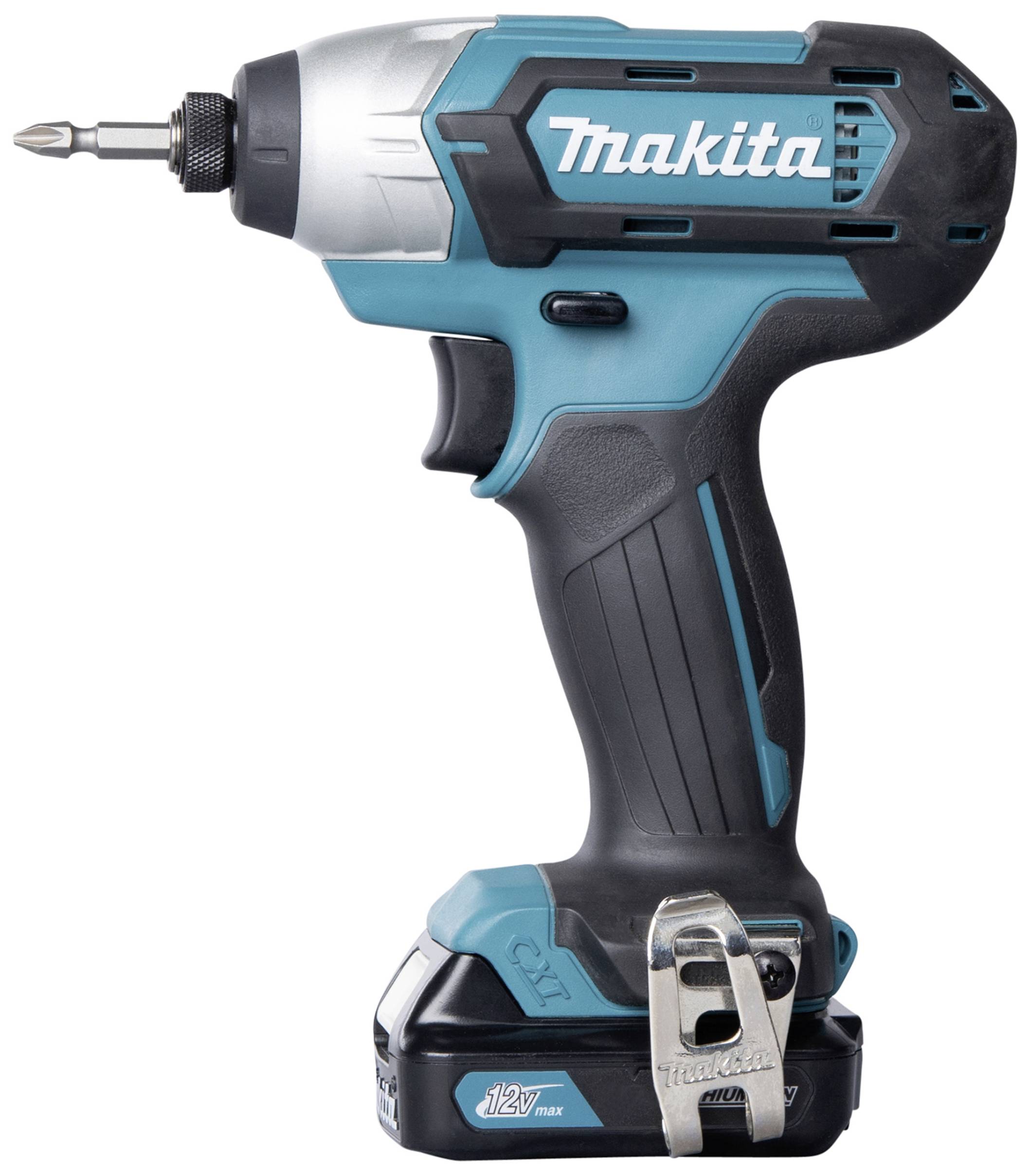 Akkuschrauber der Marke Makita in blau-schwarzem Design, seitliches Profil sichtbar.