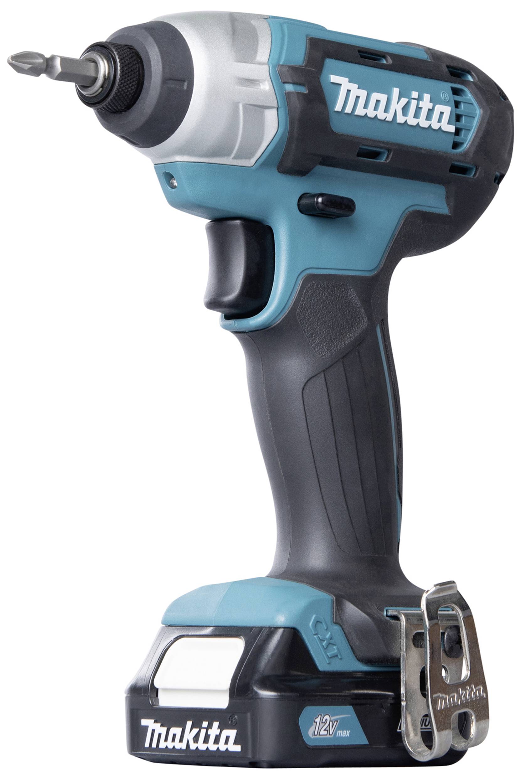 Ein blauer Akku-Schlagschrauber mit ergonomischem Griff und Metallhaken, geeignet für schwere Schraubarbeiten. Markierung 'Makita' sichtbar.